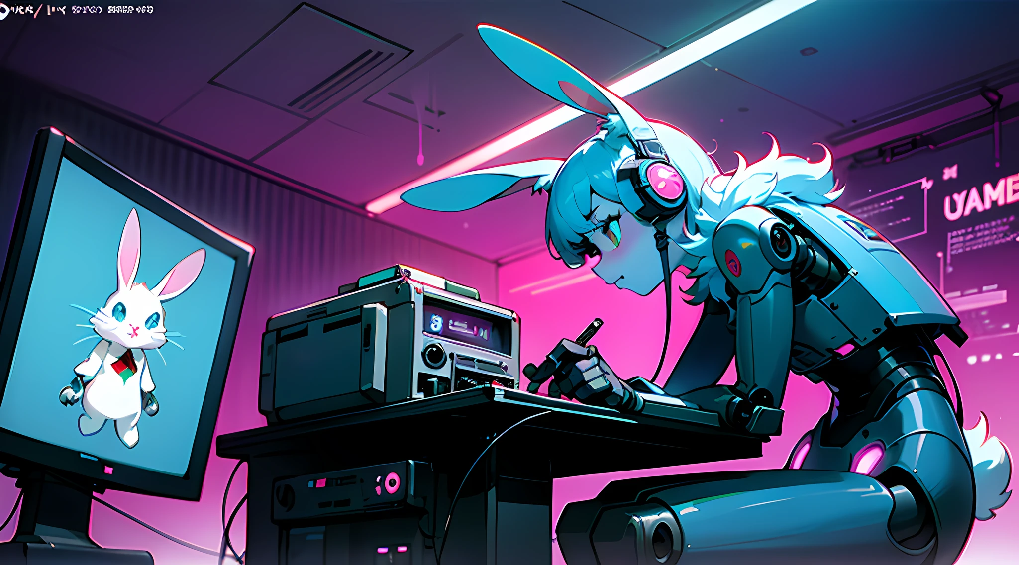 closeup on 80s vhs screencap of a cel animation still from a 1980s dystopian bna kemono anime about a cyberpunk anthro kemono furry blue rabbit girl who patrols the streets looking for criminal robots, cyberpunk art by Josan Gonzalez, behance contest winner, afrofuturism, synthwave, neon, glowing neon, (blame! style abandoned tech landscape), (Zen, Amy Sol style), (((beats to relax/study to))), (((Lofi anthro kemono blue-furred rabbit girl in power armor sitting in metal chair behind computer terminal, behind giant glass terminal screen, beats to relax/study to))), (((blue kemono beastars furry rabbit anime hacker with small soft furry paws))), (((suspended glass cyberpunk computer terminals with robot rabbit in background))), ((glowing cyberdeck screens)), (underground, dark, foggy, perilous, abandoned dystopian apartment bedroom, deep windows), (abstract anthro rabbit figure wearing bunny ears), cover art with light abstraction, abstract, simple vector art, contemporary Cybernetic art, color gradients, soft color palettes, layered forms, whimsical animation, style Ethereal abstract, 4K, --v6