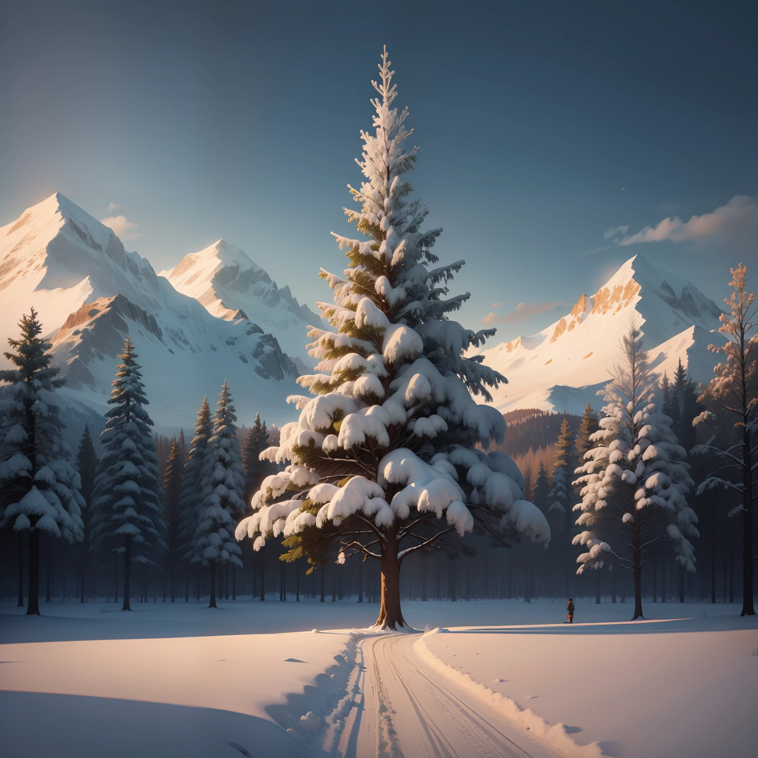 a spruice tree in a winter landscape, tshirt design, rzminjourney, vector-art