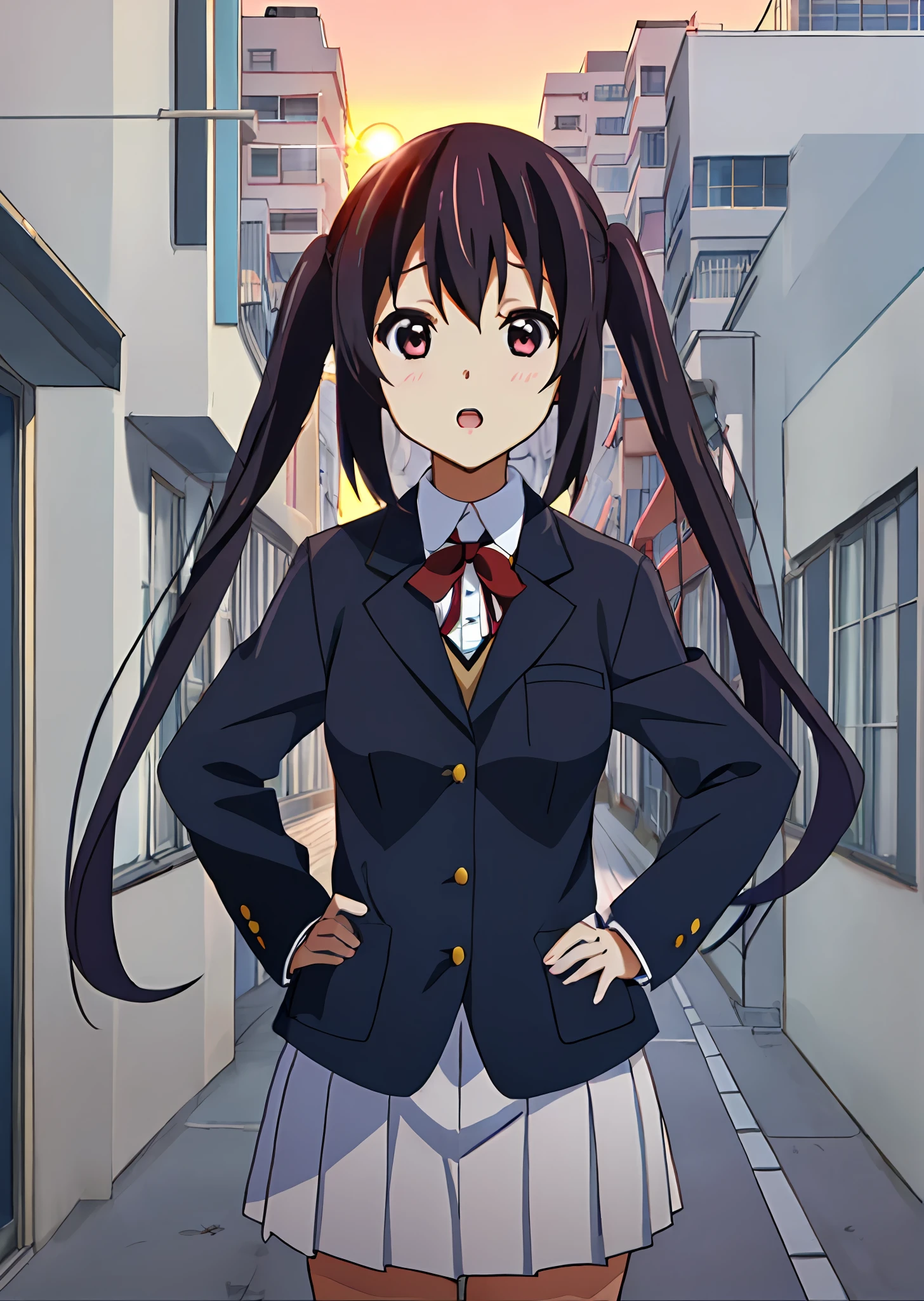 1girl in, (((masterpiece))), top-quality, top-quality, high details, nakano azusa, 1girl in, Sakuragaoka High School Uniform, student clothes, Twin-tailed, length hair, A dark-haired, Brown-eyed, 独奏, reddish, Dark blue blazer with thin red ribbon, Solid white buttoned shirt under blazer, illustratio, comic strip, Soothing tones, Subdued Color, Soft cinematic light, adobe lightroom, Photolab, nffsw, intricately and hyper-detailed、(((depth of fields))))。(((masterpiece)))。(((top-quality))).)((ultra-detailliert)))。(((illustratio)))。(((takeout))).Dynamic Focus.big breasts.(((highrise buildings))).(((A city scape))).(((Face of sadness))). Open mouth.(((put hands on the hip))).(((up chest))).((evening glow)).((the setting sun)).