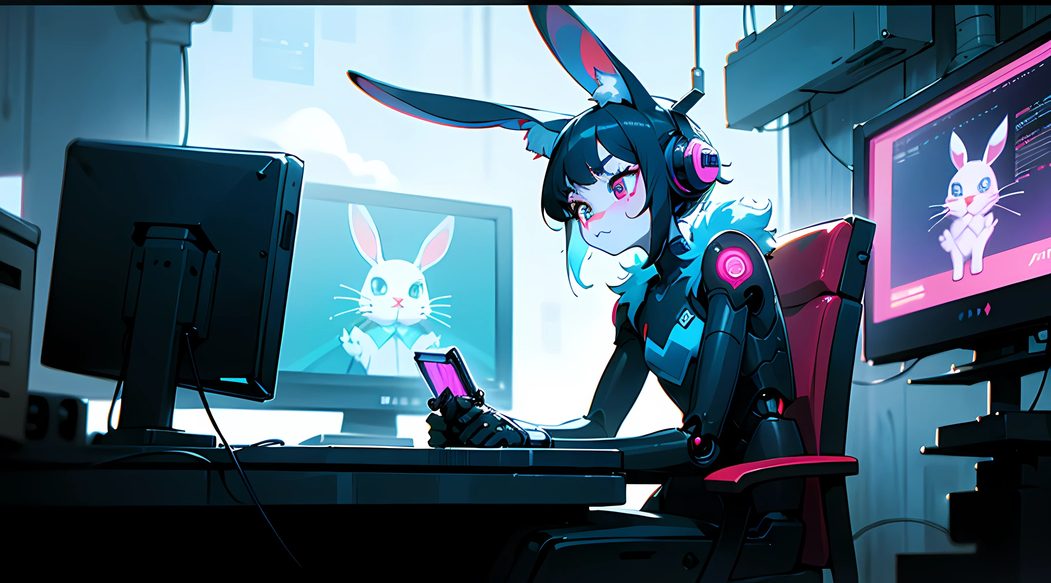 closeup on 80s vhs screencap of a cel animation still from a 1980s dystopian bna kemono anime about a cyberpunk anthro kemono furry blue rabbit girl who patrols the streets looking for criminal robots, cyberpunk art by Josan Gonzalez, behance contest winner, afrofuturism, synthwave, neon, glowing neon, (blame! style abandoned tech landscape), (Zen, Amy Sol style), (((beats to relax/study to))), (((Lofi anthro kemono blue-furred rabbit girl in power armor sitting in metal chair behind computer terminal, behind giant glass terminal screen, beats to relax/study to))), (((blue kemono beastars furry rabbit anime hacker with small soft furry paws))), (((suspended glass cyberpunk computer terminals with robot rabbit in background))), ((glowing cyberdeck screens)), (underground, dark, foggy, perilous, abandoned dystopian apartment bedroom, deep windows), (abstract anthro rabbit figure wearing bunny ears), cover art with light abstraction, abstract, simple vector art, contemporary Cybernetic art, color gradients, soft color palettes, layered forms, whimsical animation, style Ethereal abstract, 4K, --v6