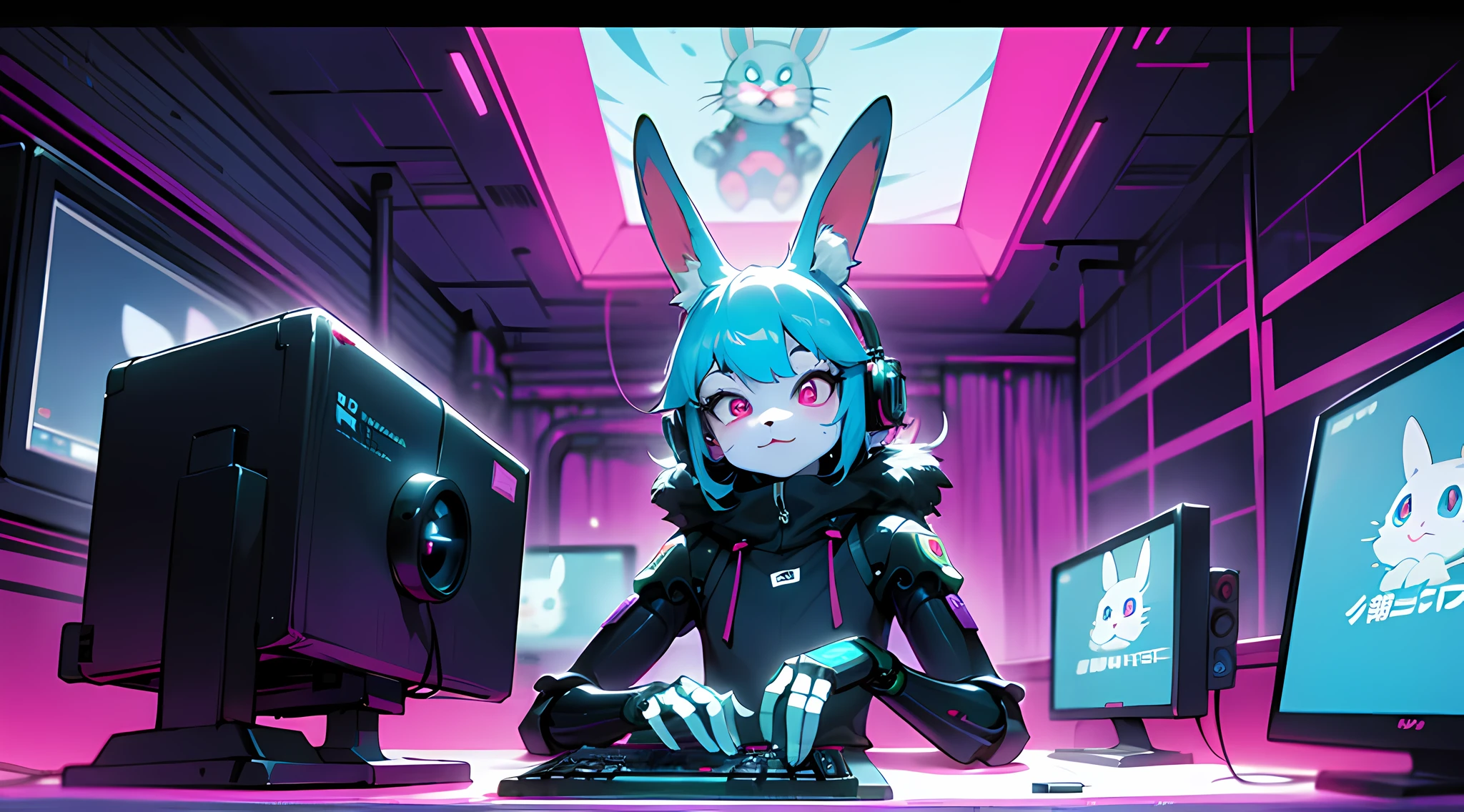 closeup on 80s vhs screencap of a cel animation still from a 1980s dystopian bna kemono anime about a cyberpunk anthro kemono furry blue rabbit girl who patrols the streets looking for criminal robots, cyberpunk art by Josan Gonzalez, behance contest winner, afrofuturism, synthwave, neon, glowing neon, (blame! style abandoned tech landscape), (Zen, Amy Sol style), (((beats to relax/study to))), (((Lofi anthro kemono blue-furred rabbit girl in power armor sitting in metal chair behind computer terminal, behind giant glass terminal screen, beats to relax/study to))), (((blue kemono beastars furry rabbit anime hacker with small soft furry paws))), (((suspended glass cyberpunk computer terminals with robot rabbit in background))), ((glowing cyberdeck screens)), (underground, dark, foggy, perilous, abandoned dystopian apartment bedroom, deep windows), (abstract anthro rabbit figure wearing bunny ears), cover art with light abstraction, abstract, simple vector art, contemporary Cybernetic art, color gradients, soft color palettes, layered forms, whimsical animation, style Ethereal abstract, 4K, --v6