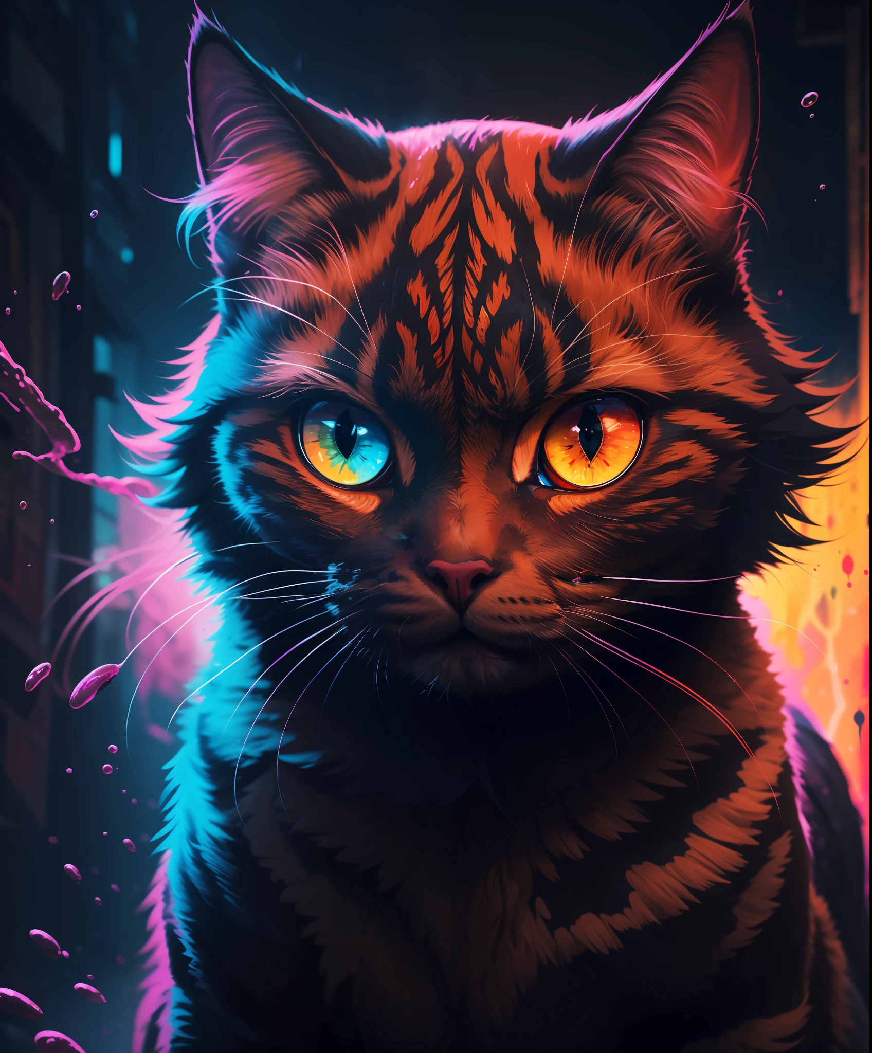 Maverickextreme quality, cg, detailed face+eyes, (bright colors), splashes of color background, colors mashing, paint splatter, complimentary colors, electric, neon, magical, (thunder cat), impatient, (limited palette), synththwave, masterpiece, fine art, tan skin, upperbody