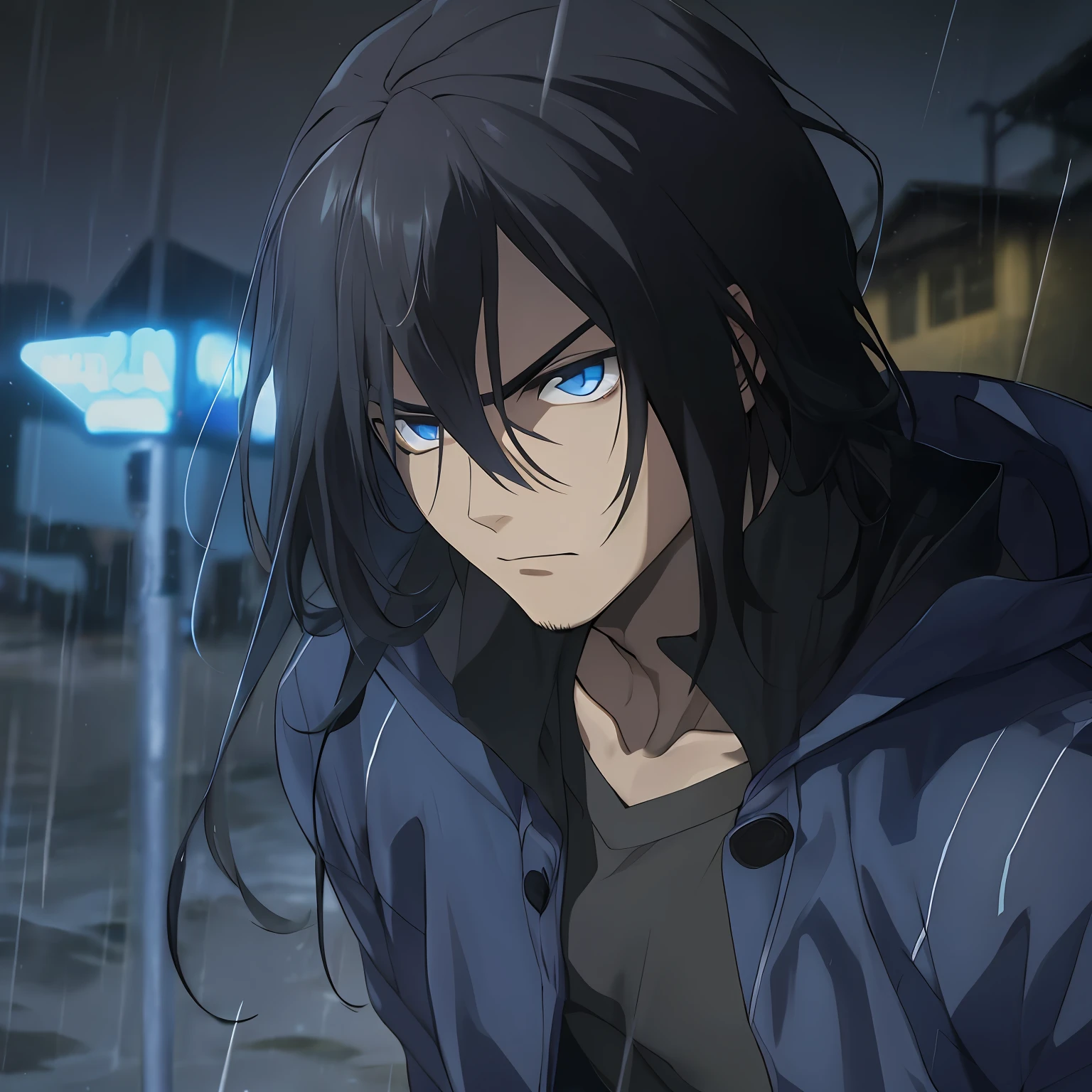 homem jovem cabelo escuro, olhos azuis, cabelo medio, na chuva, making a serious expression, usando uma camisa preta,4k, masterpiece