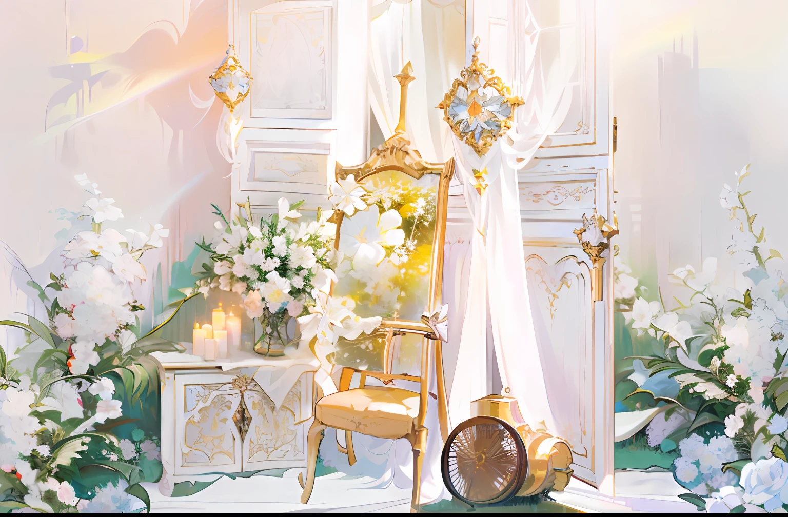 In front of the wall there is an easel with mirror and chairs, Ethereal and dreamy theme, In white bohemian style, dreamy and detailed,, dreamy atmosphere and drama, baroque style painting backdrop, Dreamy atmosphere, Gorgeous and complex background, ethereal details, romantic setting, dreamy scenes, dreamy ethereal vibe, Dreamy style, Dreamy and ethereal,Dreamy style, Dreamy and ethereal,Meadows surrounded by flowers,There are European-style door frames on the grass,A white lace scarf was draped over the door frame,In front of the door frame is the easel,Flowers on easel photo frame,Dreamcatcher.com.。.com.。.。.com,On the left is the cabinet,The cupboards were filled with candles and flowers,Beautiful scene,exquisitedetails,rays of sunshine,Warm lighting,Natural soft light,white colors,In pink,higher details,No Man