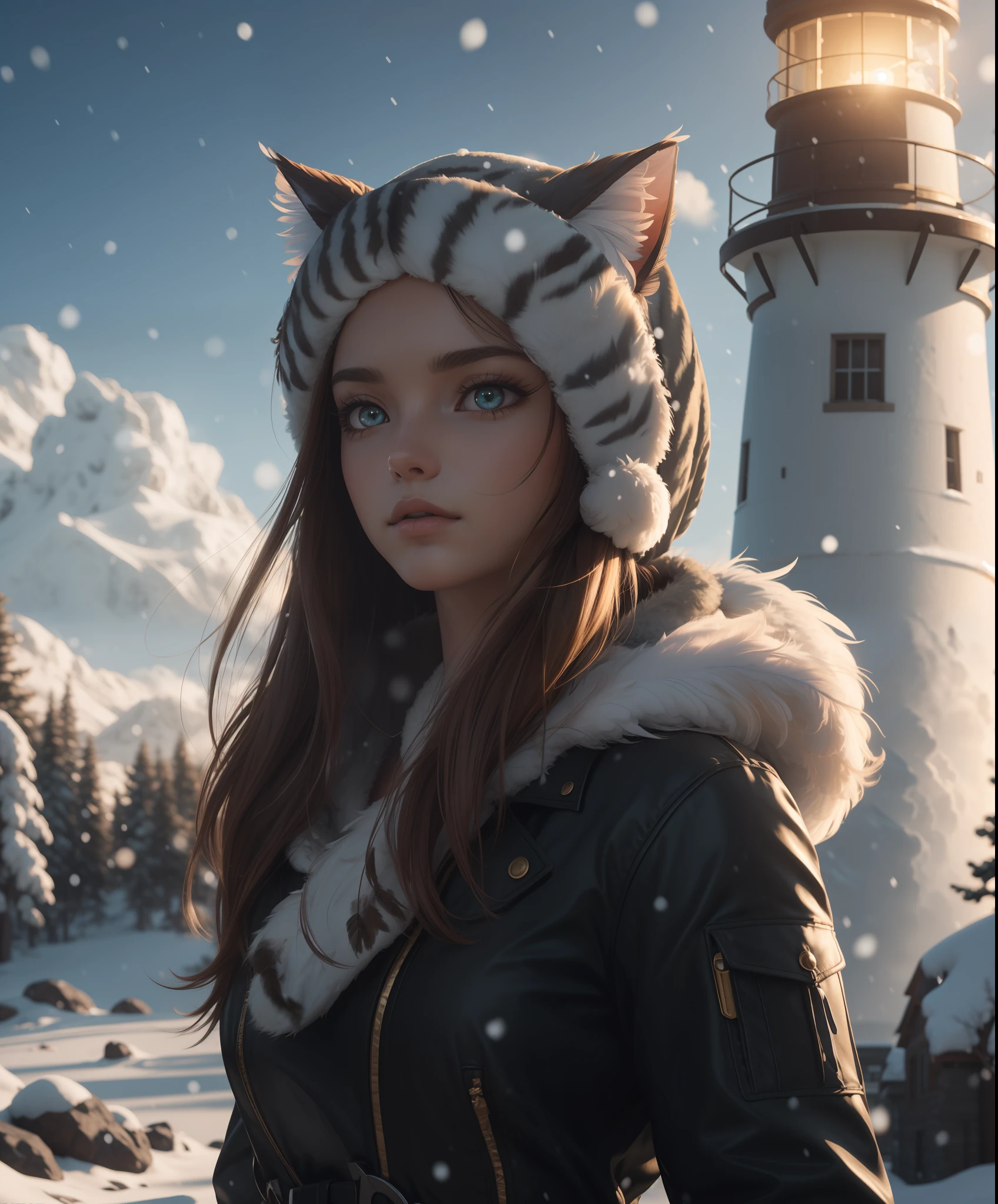 extreme quality, cg, detailed face+eyes, (bright colors), (anime), 1girl, impact, (winter), blizzard, time stop, sci fi, (tribal cat), (eskimo), animal ear fluff, fur trim, clouds, tan skin, (feather headdress), masterpiece, top tier, extravagant, 8k, unity wallpaper, unreal engine 5, ray tracing, 8k, cinematic, varied depth of field, octane render, elegant, tone mapping, hyper focus, parted lips, upperbody, (black), dappled sunlight, (snowing), nature, winter coat, upper body, (morning glow), lighthouse, gold eyes, horizon, picturesque scenery, mountain, forest, looking at viewer, (tundra)