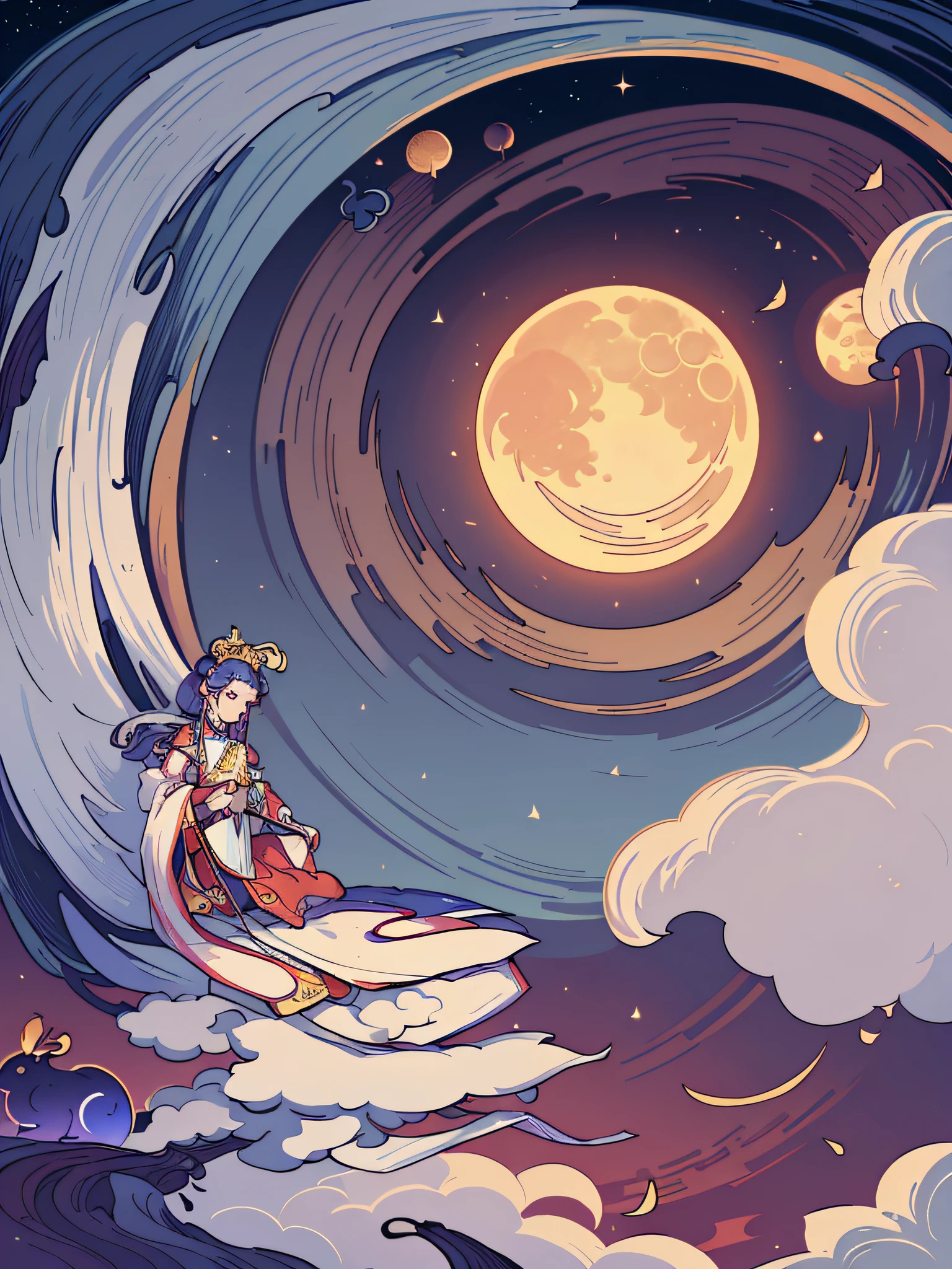 Close-up of a woman in a long dress sitting on a cloud, The goddess of the hunt and the moon, Chinese mythology, Chinese fantasy, an ancient Chinese goddess, Goddess of the moon, lunar goddess, lunar goddess, author:Kim Du Liang, Princesa chinesa antiga, Moonlight, Middle metaverse, korean mythology