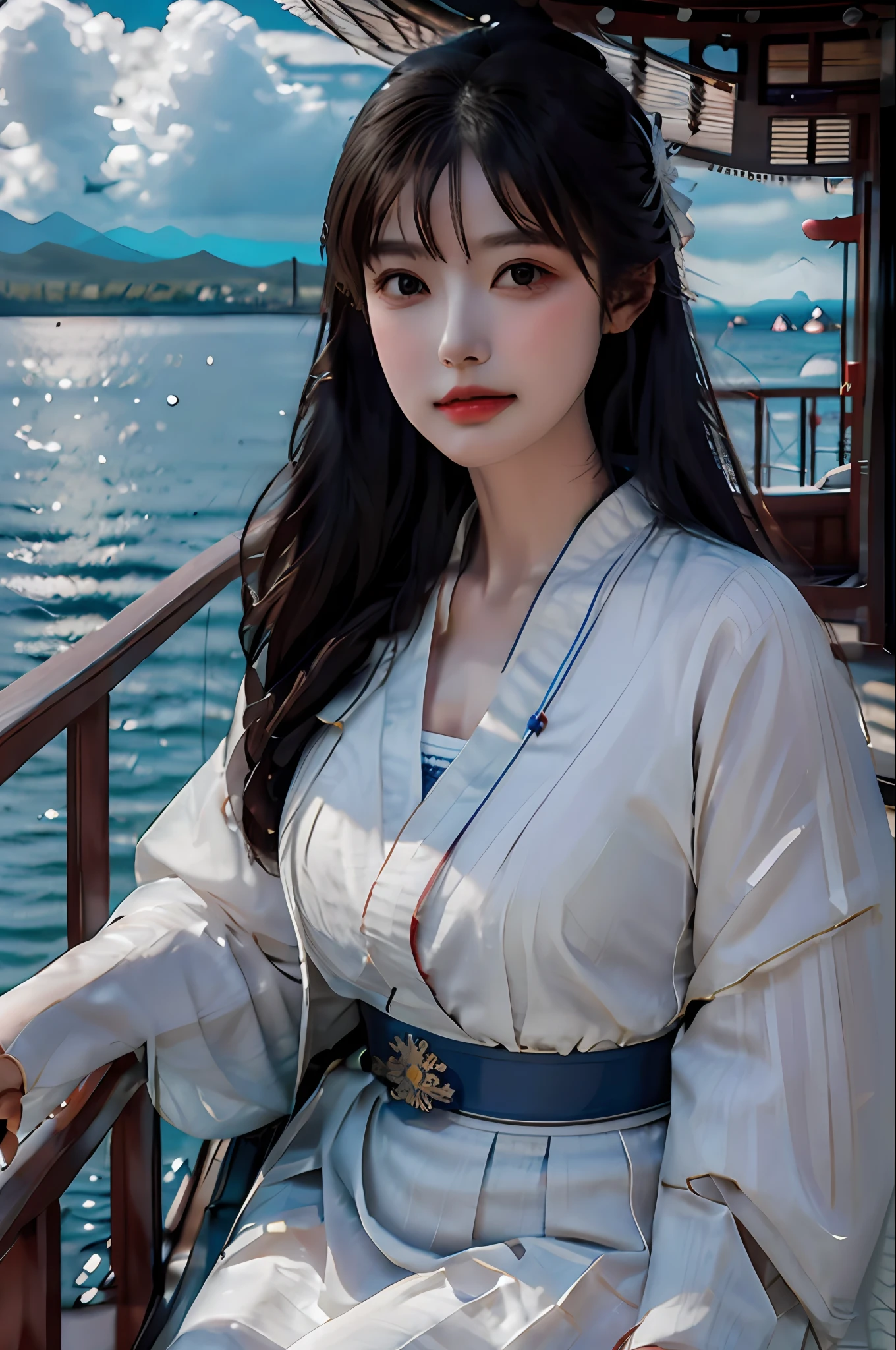 [（（On the deck of the ship，Erjie，1girll，Hanfu，alert，Take the flute，From all sides））]，
tmasterpiece，A high resolution，HighestQuali，Complicated details，Best Textures，realisticlying，8K，the soft light，perfect shadow，
Mare，Sunnyday，The cloudy，ventania，dampness，
Age of the Wind，naval battles，conflict，bombing，shooting，，looking toward the viewer