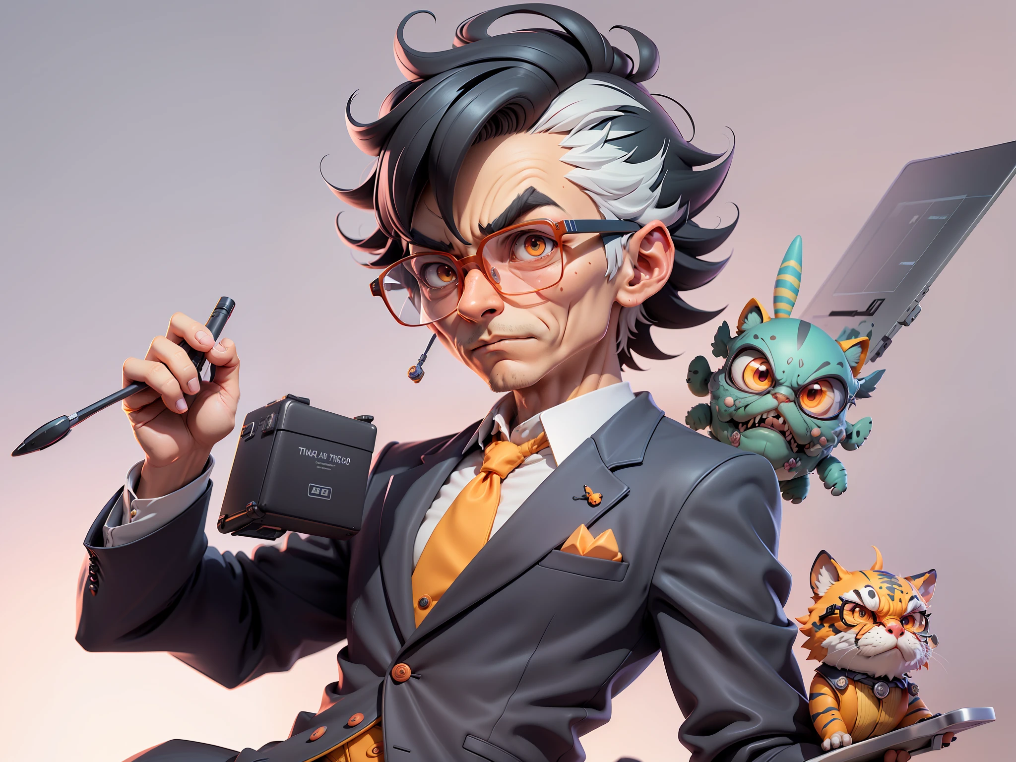 A young man in a suit, Short hair and glasses sat at his desk，holding laptop，digitial painting，tigre，3D character design by Mark Clairen and Pixar and Hayao Miyazaki and Akira Toriyama，4K HD illustration，Very detailed facial features and cartoon-style visuals。
