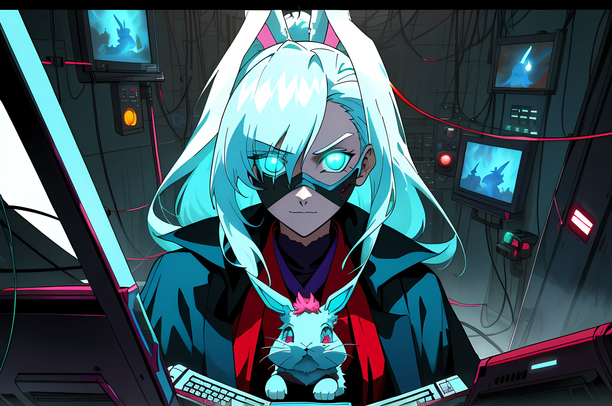 (((clean cel animation))), (((uncluttered))), (((clear anime faces))), closeup on 80s crt vhs screencap of a cel animation still from a 1980s vampire hunter D anime about an occult investigation team who patrols the streets looking for supernatural criminals, gothic vampire hunter art by Josan Gonzalez, behance contest winner, neon, glowing neon, (blame! style abandoned tech landscape), (Zen, Amy Sol style), (((suspended glass cyberpunk computer terminals in background))), ((glowing cyberdeck screens)), (underground, dark, foggy, perilous, abandoned dystopian apartment bedroom, deep windows), cover art with light abstraction, abstract, simple vector art, contemporary anime art, color gradients, soft color palettes, layered forms, whimsical animation, style Ethereal abstract, 4K, the person on the left is van helsing with a crossbow and bandana mask with a blue rabbit, (((magic blue rabbit on van helsing's shoulder))), blue rabbit on his shoulder, the person in the middle is a theatrical assassin man in a superhero mask and cape, the person on the right is a female kitsune ninja sorceress woman with a fox mask holding a powerful crucifix, 1 9 8 0's, 1980's, 35mm 1990, 1990's, 1 9 9 0's --v6