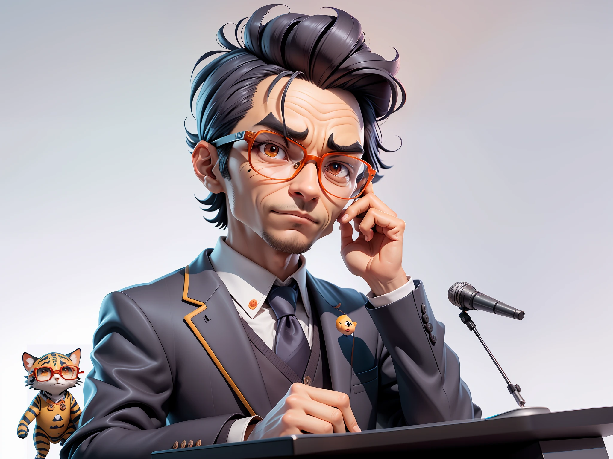 A young man in a suit, Short hair and glasses sat at his desk,holding laptop,digitial painting,tigre,3D character design by Mark Clairen and Pixar and Hayao Miyazaki and Akira Toriyama,4K HD illustration,Very detailed facial features and cartoon-style visuals。