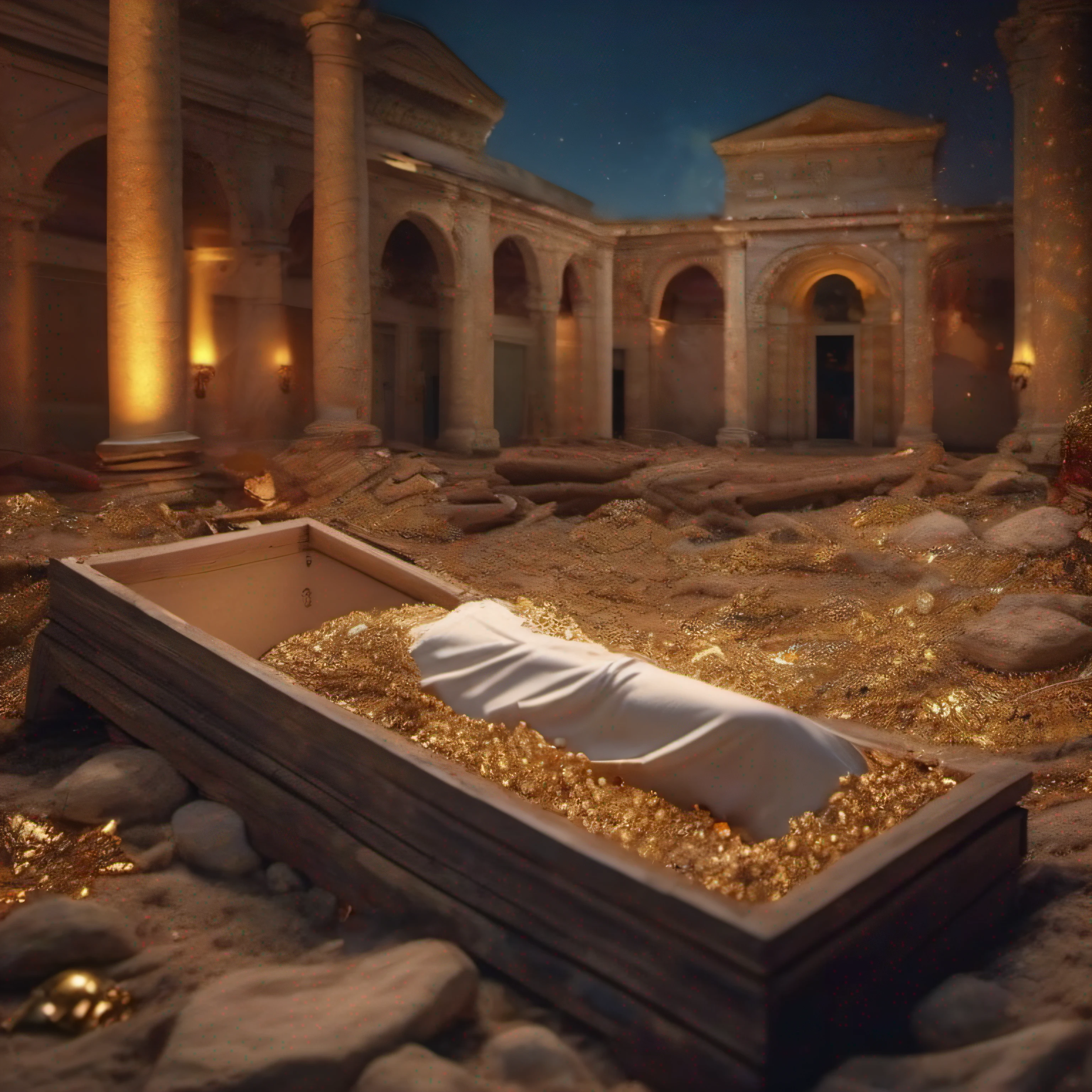photo realistic image of guest burried alive on pile of treasure party hall roman era 8k