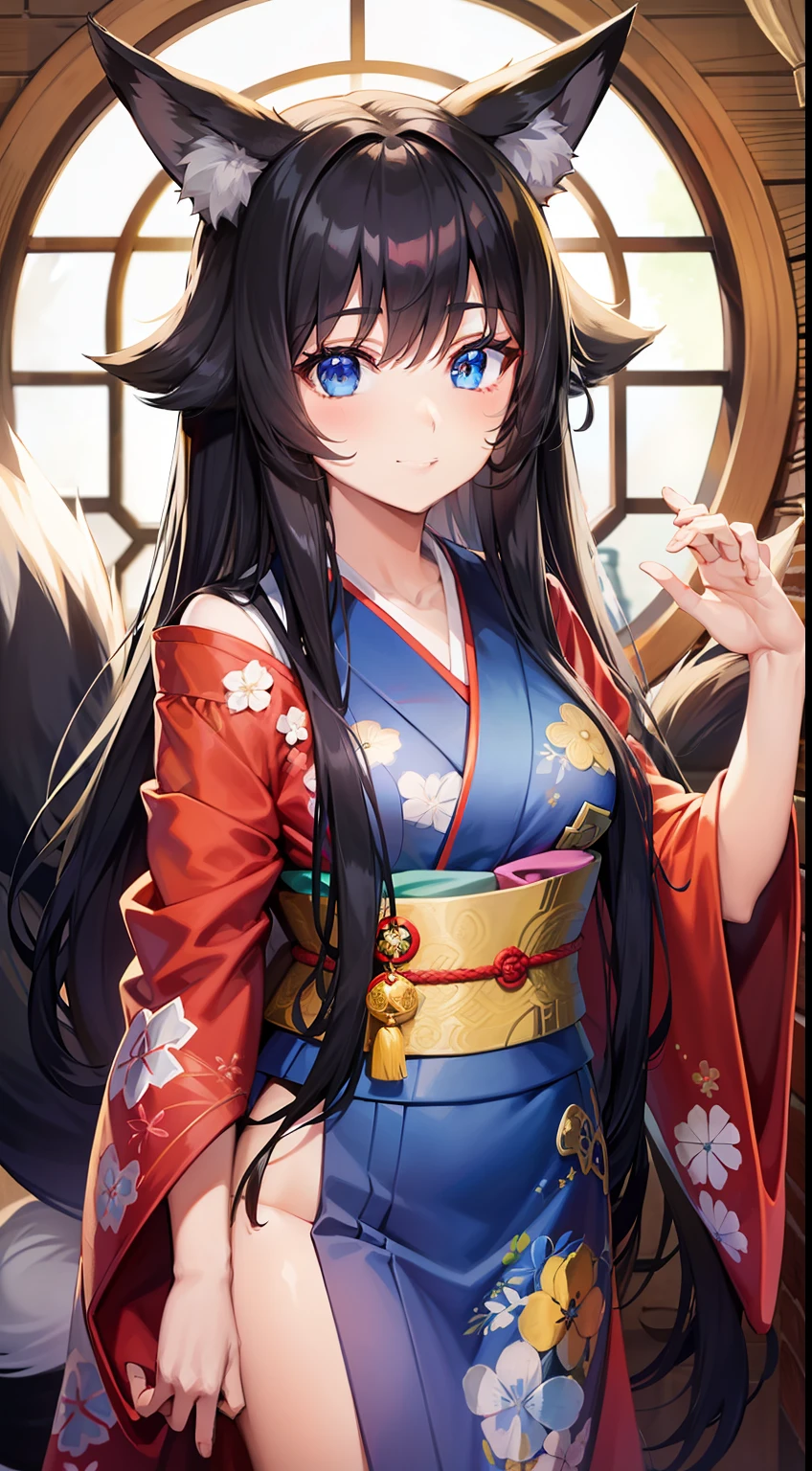 young girl, long curly black hair, Fox ears, Foxtail, blue eyes, open kimono, ssmile, Masterpiece, hiquality