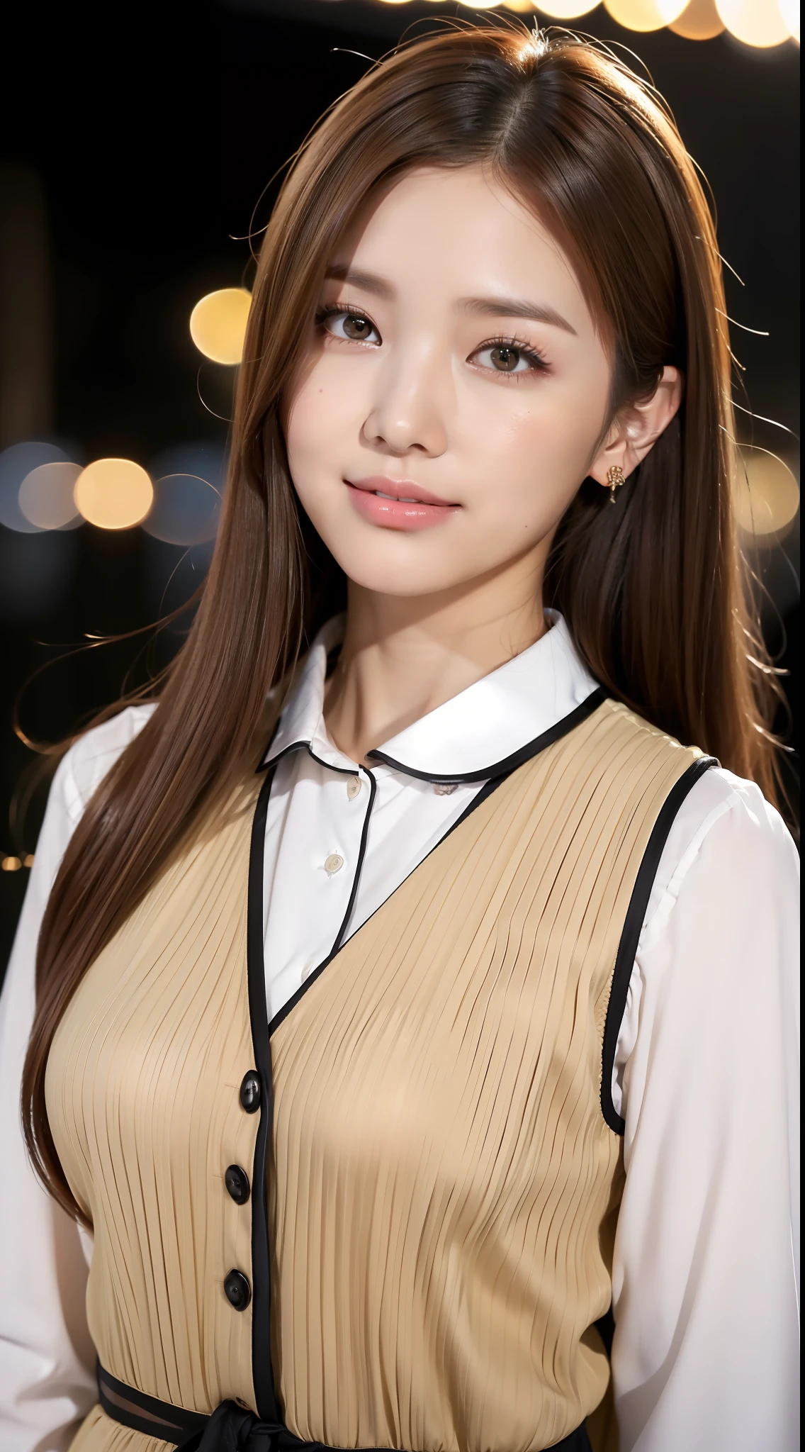 (8K, Best picture quality, tmasterpiece:1.2), (realisticlying, realisticlying:1.37), Super meticulous, 1个Giant Breast Girl, adolable, 独奏, beautiful detailed sky, dated,(Nasal redness),(ssmile:1.15),(Keep one's mouth shut),美丽细致的眼睛,(long whitr hair:1.2),Flowing hair NovaFrogStyle,vests,Life photos,Brown hair,Pajamas are as thin as silk,At night the lights are pale yellow,There is light on the character,Live the life of Riley