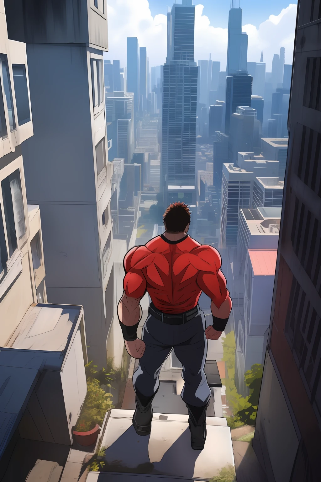 Generate an anime-style artwork featuring a high angle shot of a muscular male character with his back turned to the camera, THE CHARACTER IS ON TOP OF A HIGH BUILDING, The protagonist should possess an extremely muscular body, akin to that of a bodybuilder. The character should have very short hair and be dressed in a white tank top, black pants, and black boots.The image should depict the full body of the character, with the focus on their intimidating stance from behind. The protagonist should exude strength and dominance, displaying a powerful presence. The scene should feature only the muscular character, THE CHARACTER MUST BE ON TOP OF A BUILDINGS SHOWING A BIG CITY BELOW HIM