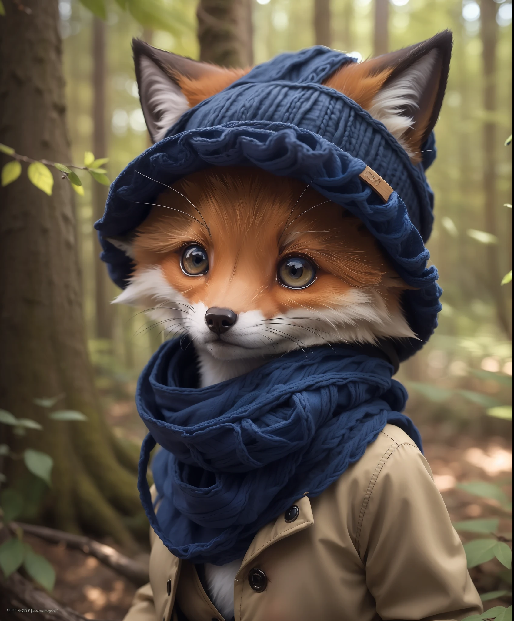 (masterpiece:1.1), (highest quality:1.1), (HDR:1.0), (masterpiece photo:1.3) of (ultra detailed look:1.3), (cosy:1), a cute and adorable tiny fox, in forest, close up, detailed eyes, sharp focus, blue scarf, cute hat, (airy colors)