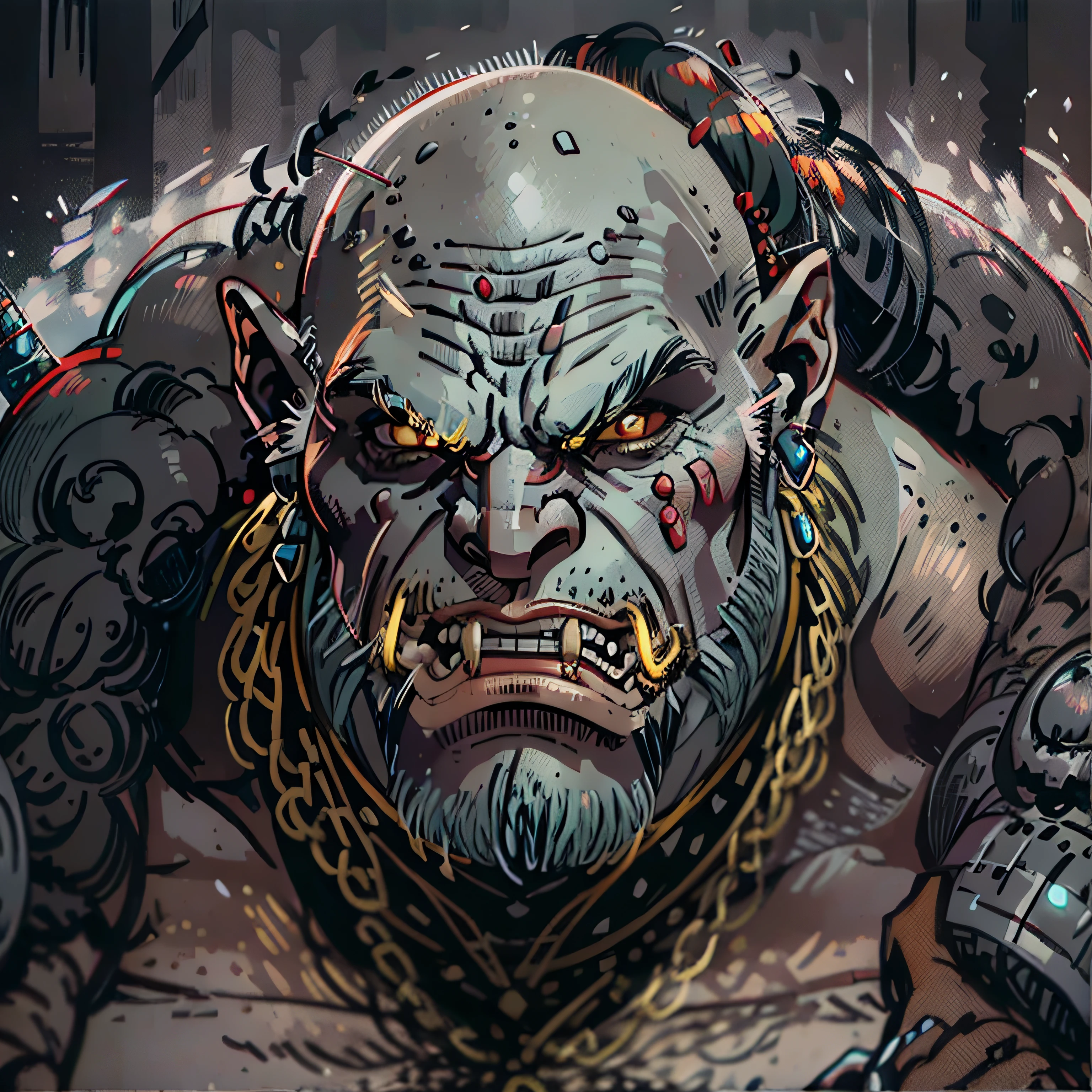 giant ogre, gray skin, male, strong, close up portrait, scary look, rpg character, medieval fantasy, bald