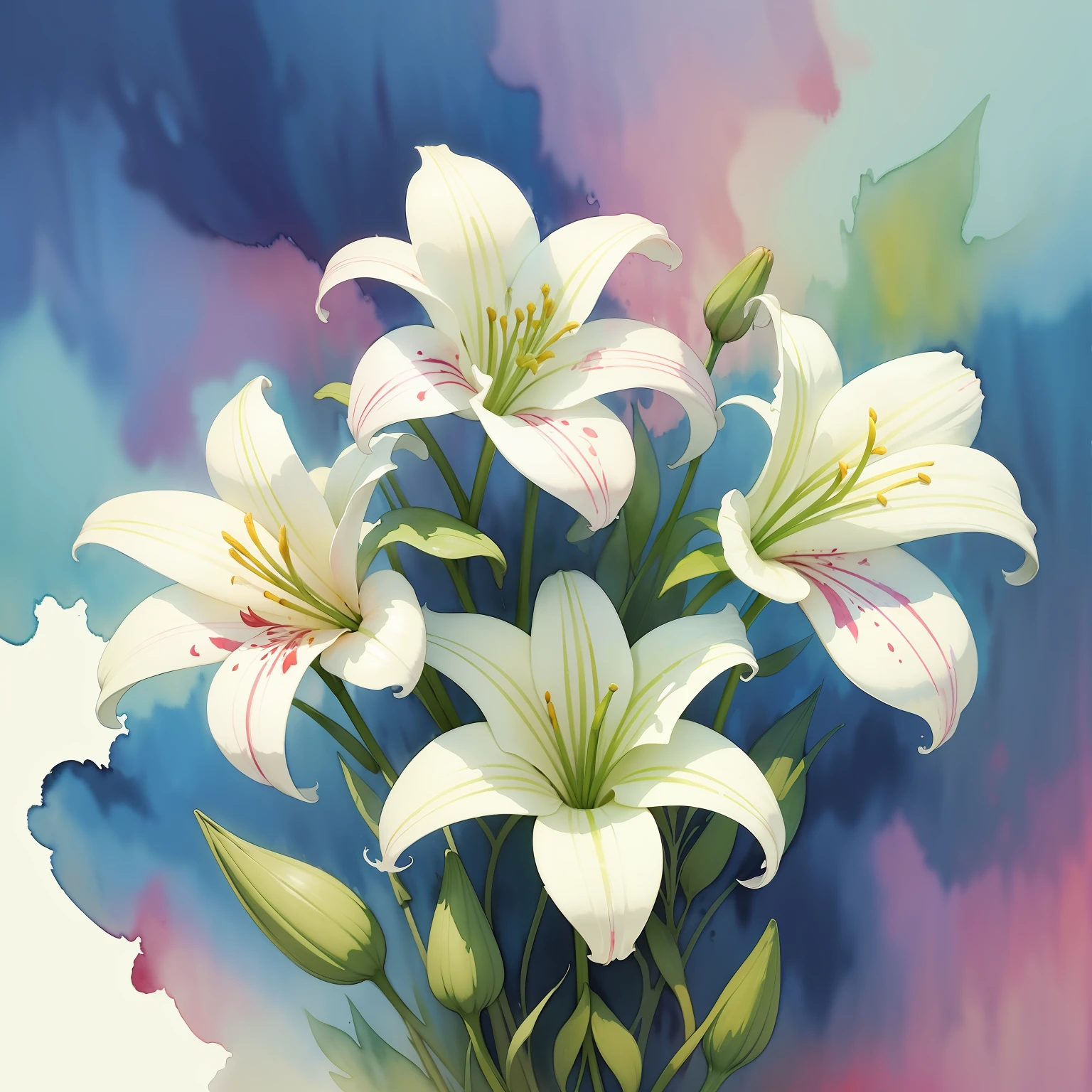 wtrcolor style, digital art of (lilies), official art, blown by the wind, masterpiece, beautiful, ((watercolor)), paint splatter, intricate details. Great detail, [dripping:0.5], trending on Artstation, Rachel Walker,only flower,