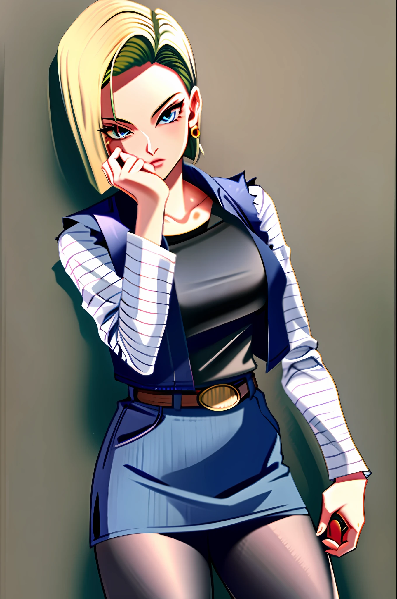 best quality, highres, and18, 1girl, android 18, solo, blonde hair, blue eyes, short hair, earrings, jewelry, denim vest, open vest, black pantyhose, black shirt, denim skirt, striped long sleeves, blue skirt, large breasts, cowboy shot, street,