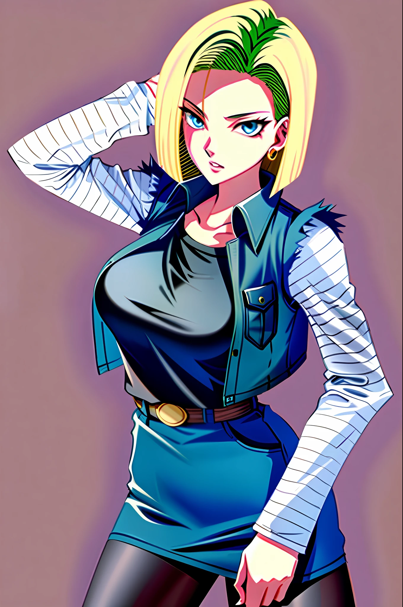 best quality, highres, and18, 1girl, android 18, solo, blonde hair, blue eyes, short hair, earrings, jewelry, denim vest, open vest, black pantyhose, black shirt, denim skirt, striped long sleeves, blue skirt, large breasts, cowboy shot, street,