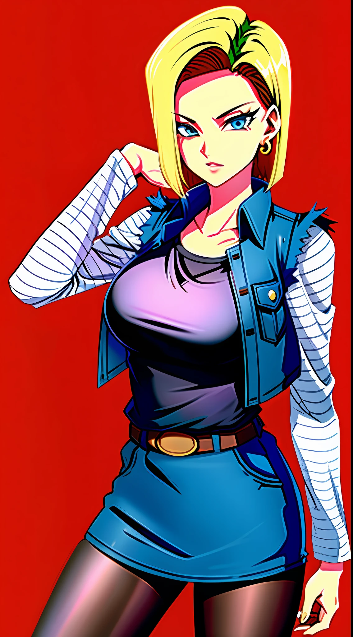 best quality, highres, and18, 1girl, android 18, solo, blonde hair, blue eyes, short hair, earrings, jewelry, denim vest, open vest, black pantyhose, black shirt, denim skirt, striped long sleeves, blue skirt, large breasts, cowboy shot, street,