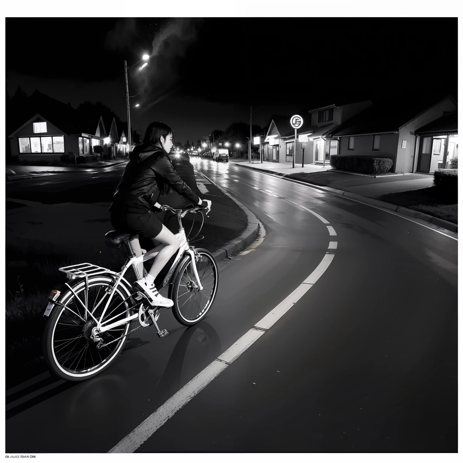the night,Under the stars,crossroad,Teenager who fell on a bicycle,Black and white woodblock print style