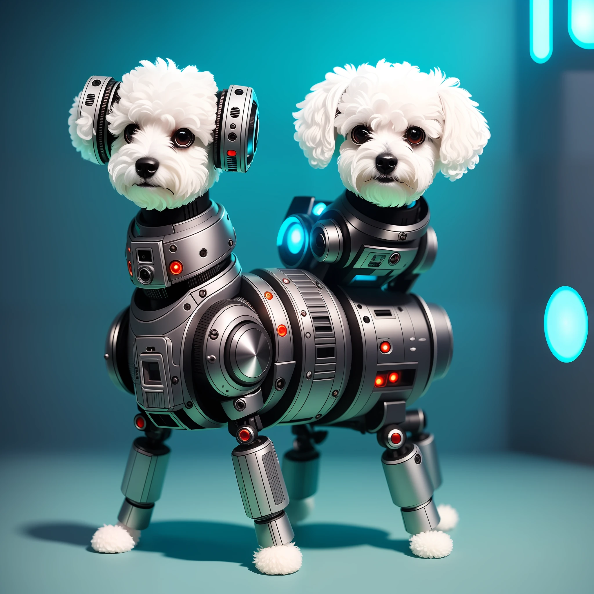 A cute little Bichon made of metal,droid,cyber punk style,((Complicated details)),hdr,((Complicated details,ultra - detailed)),Cinema lenses,vignet