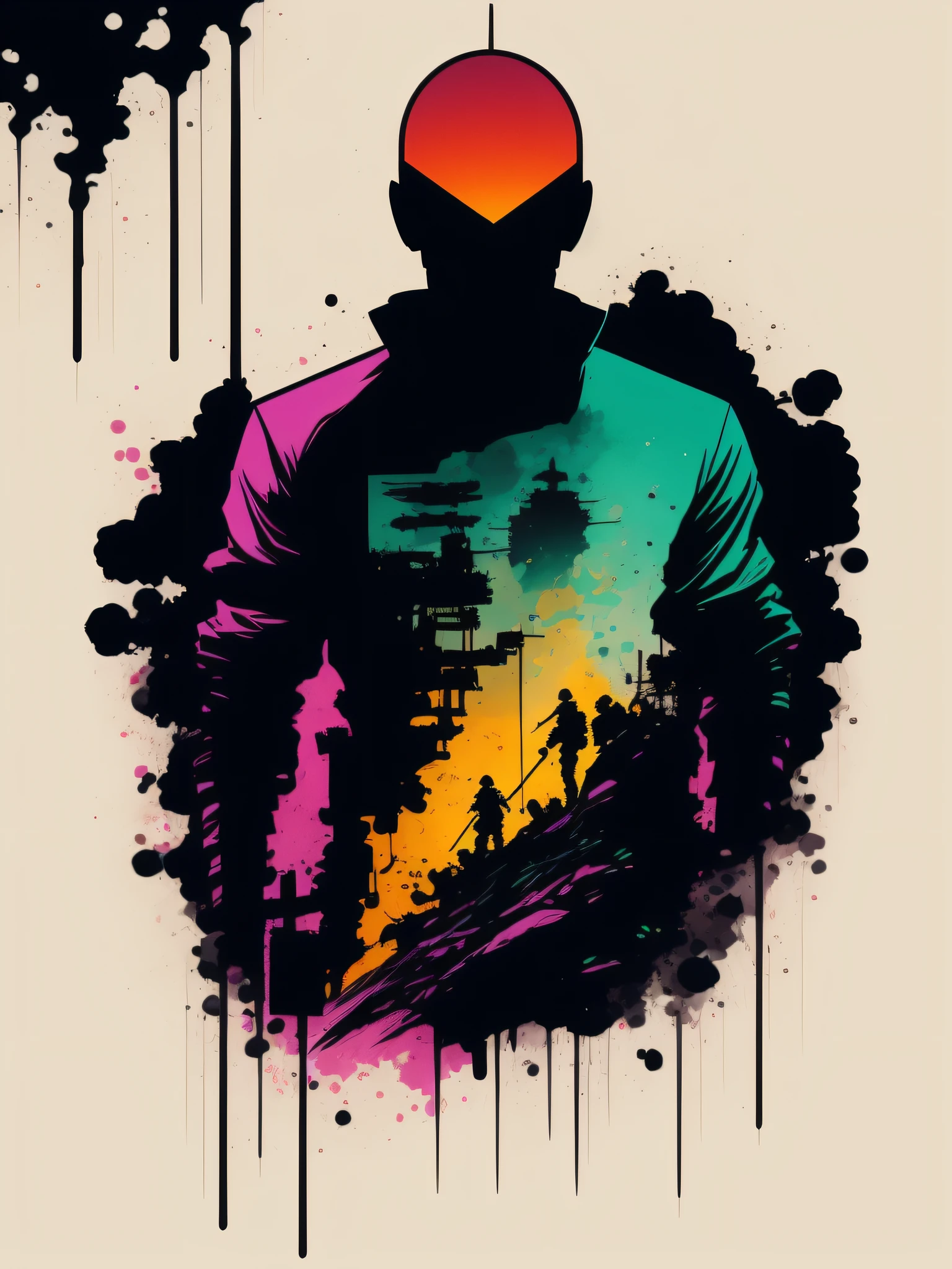 soldier, 2D t-shirt art, Cyberpunk, epic illustration, vector, 2d illustration, black background, very colorful, full gradient modern colors, Focused, front view