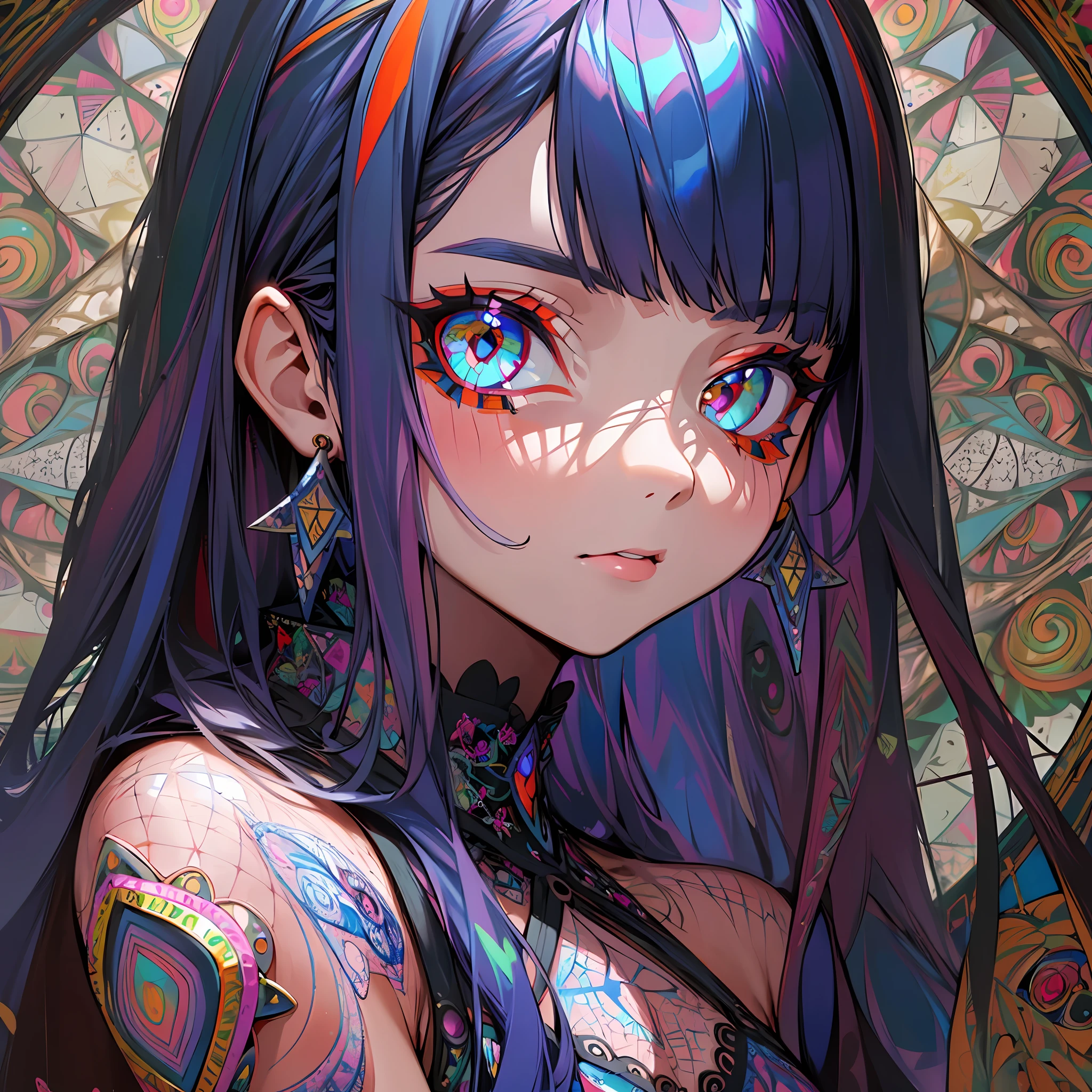 (Maximalism:1.5), (masterpiece), (best quality:1.1), (ultra-detailed:1.1), (an extremely delicate and beautiful), 1 girl, beautiful face, (detailed face), best quality, 、1 little girls、A dark-haired、TATOO all over the body、Longhaire、long bangs、Blue inner hair color、flat breast、Gothic camisole、glitter、(Zentangle:1.5), (kaleidoscope:1.2)
