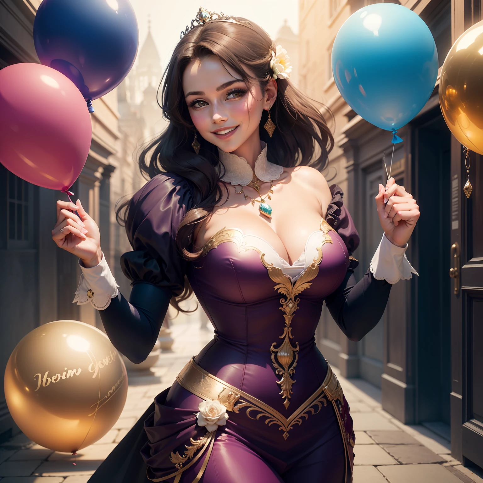"Write an inspiring story of an elegant and determined woman,bem comportada, com roupas largas, smiling and holding a balloon written 'Overcoming'.”