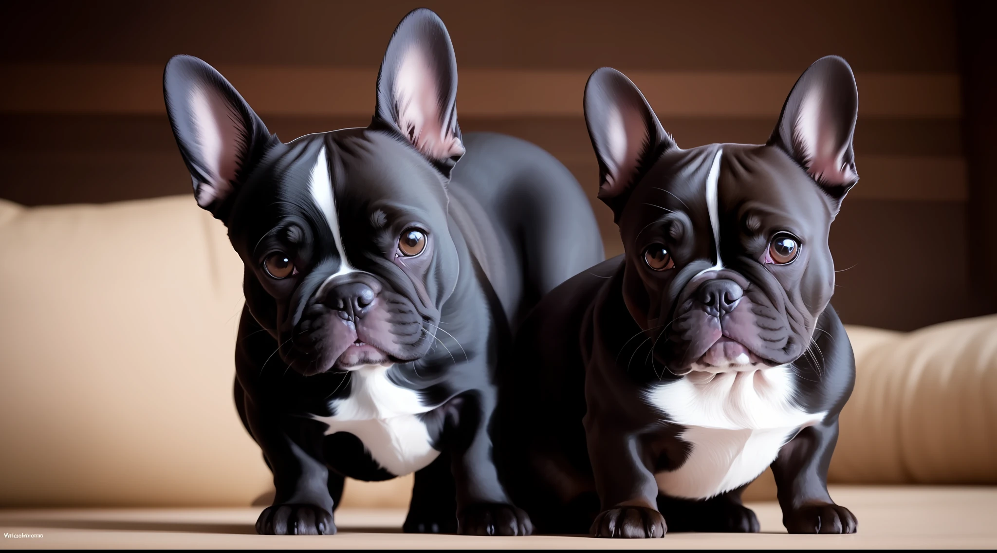 A realistic image of a French Bulldog mixed with a cat, the creature has the stout body of a French Bulldog but with feline features like whiskers and pointed ears, set against a neutral background to emphasize the unique blend of the two animals, capturing the curious expression in its eyes, Photography, shot with a Nikon D850 with an 85mm lens, --ar 16:9 --v 5