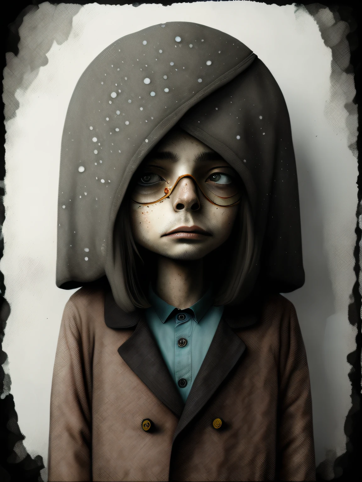 escena de la ultima cena con personajes de dibujos animados vestidos con abrigos y sombreros se paran juntos, Anton Semenov, Personajes de Maquinarium, Pupilas dot, Tres ojos, Seis de Little Nightmares, 3 cabezales, Tres cabezas, sonrisas espeluznantes, Tres ojos, Somber, por Yi Inmun, por Tadeusz Brzozowski, pocos globos oculares, horripilante!!, Arte conceptual post grunge