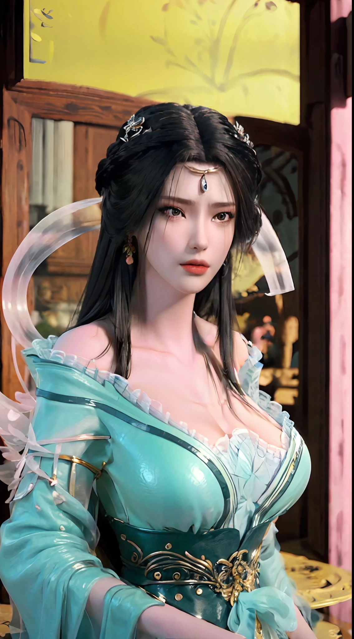 (8k, best quality, highres), (masterpiece, realistic, photorealistic), 1girl, solo, (ultra detailed face and eye), beautiful face, glossy lips, full body, big breasts, (big breasts), black hair, hair ornament, looking at viewer, dept of field