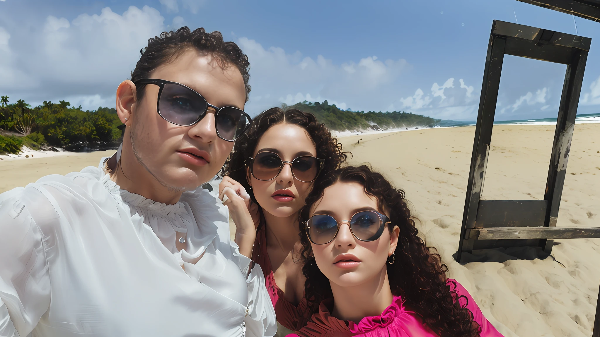 (sharp focus:1.2), photo, attractive young woman, (beautiful face:1.1), detailed eyes, luscious lips, (cat eye makeup:0.85), (large eyes:1.0), (toned body:1.2), (curly hair:1.2), wearing (romper:1.2) on a (beach:1.2). (moody lighting:1.2), depth of field, bokeh, 4K, HDR. by (James C. Christensen:1.2|Jeremy Lipking:1.1).