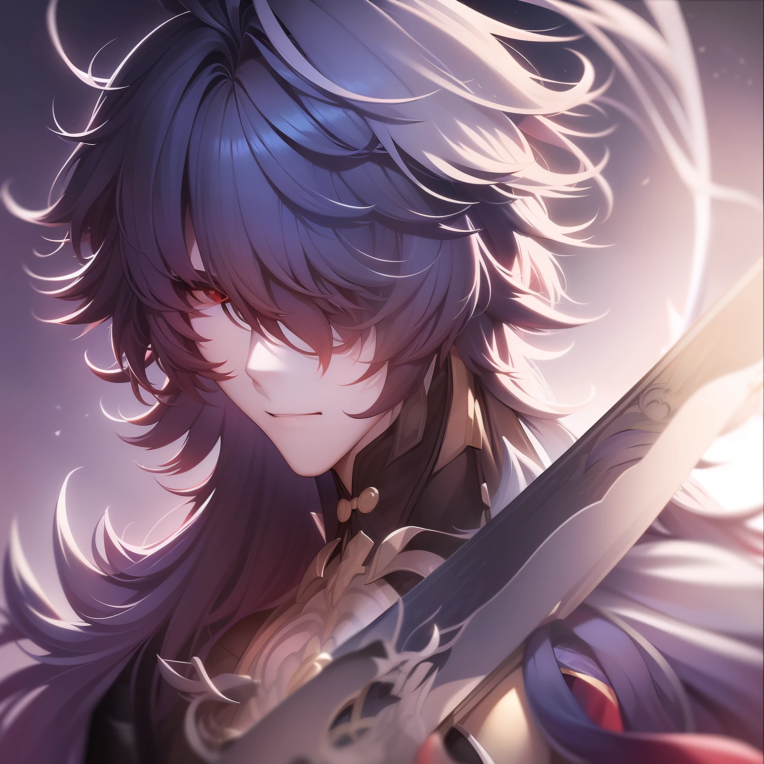 1man, Blade from honkai star rail, white hair, calm, detailed, beautiful face, calm atmosphere, looking at viewer, interesting composition