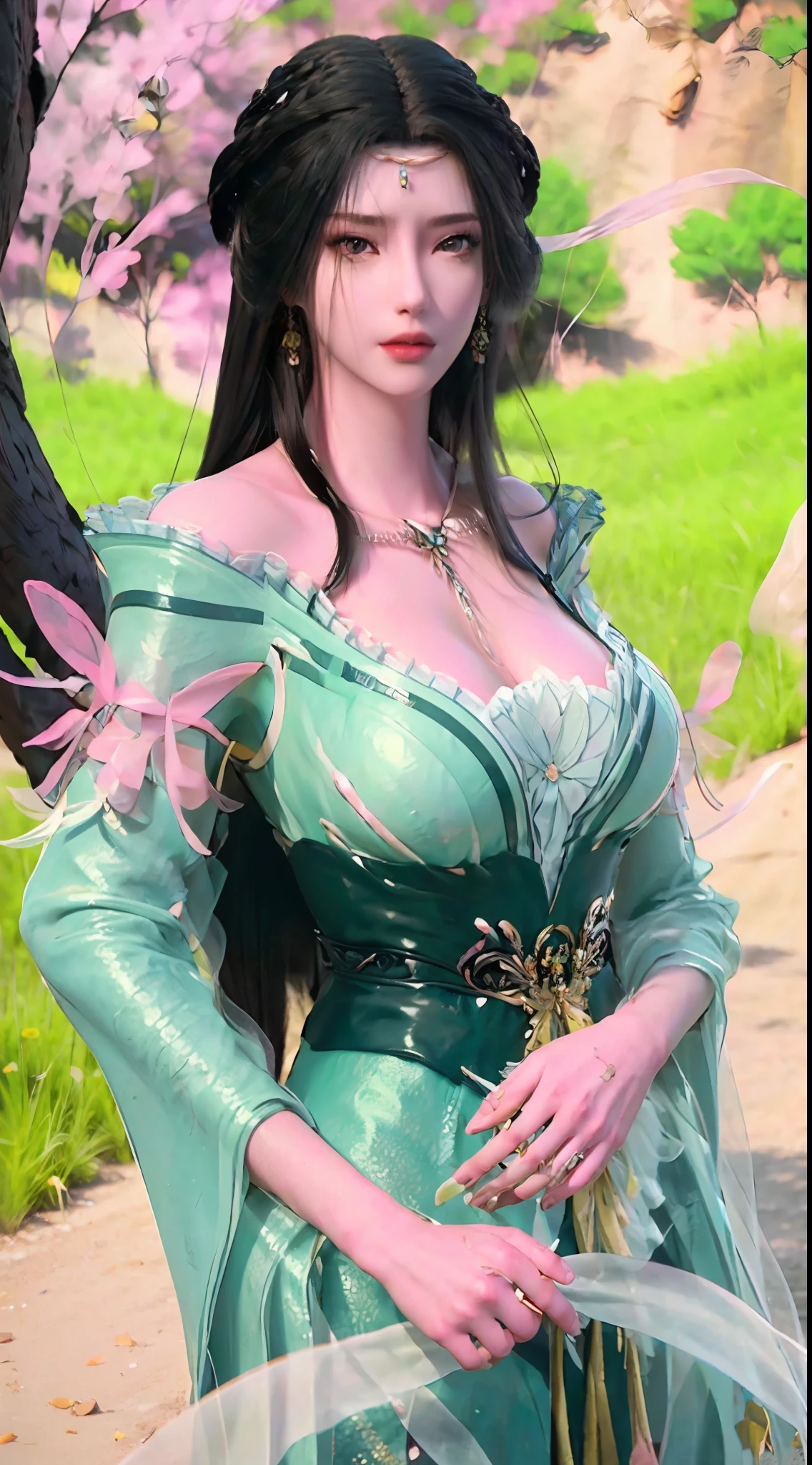 (8k, best quality, highres), (masterpiece, realistic, photorealistic), 1girl, solo, (ultra detailed face and eye), beautiful face, glossy lips, full body, big breasts, (big breasts), black hair, hair ornament, looking at viewer, dept of field