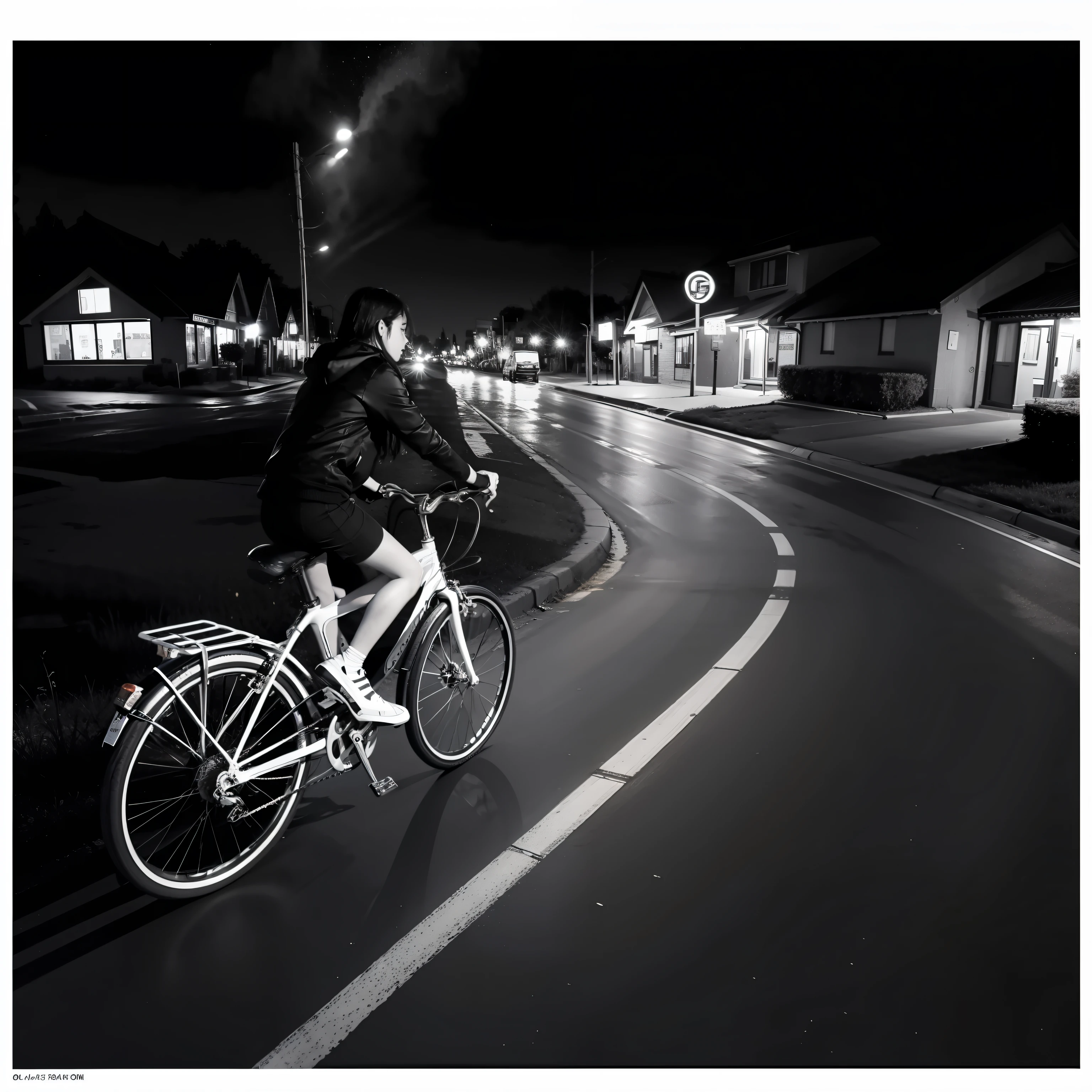 the night,Under the stars,crossroad,r who fell on a bicycle,Black and white woodblock print style