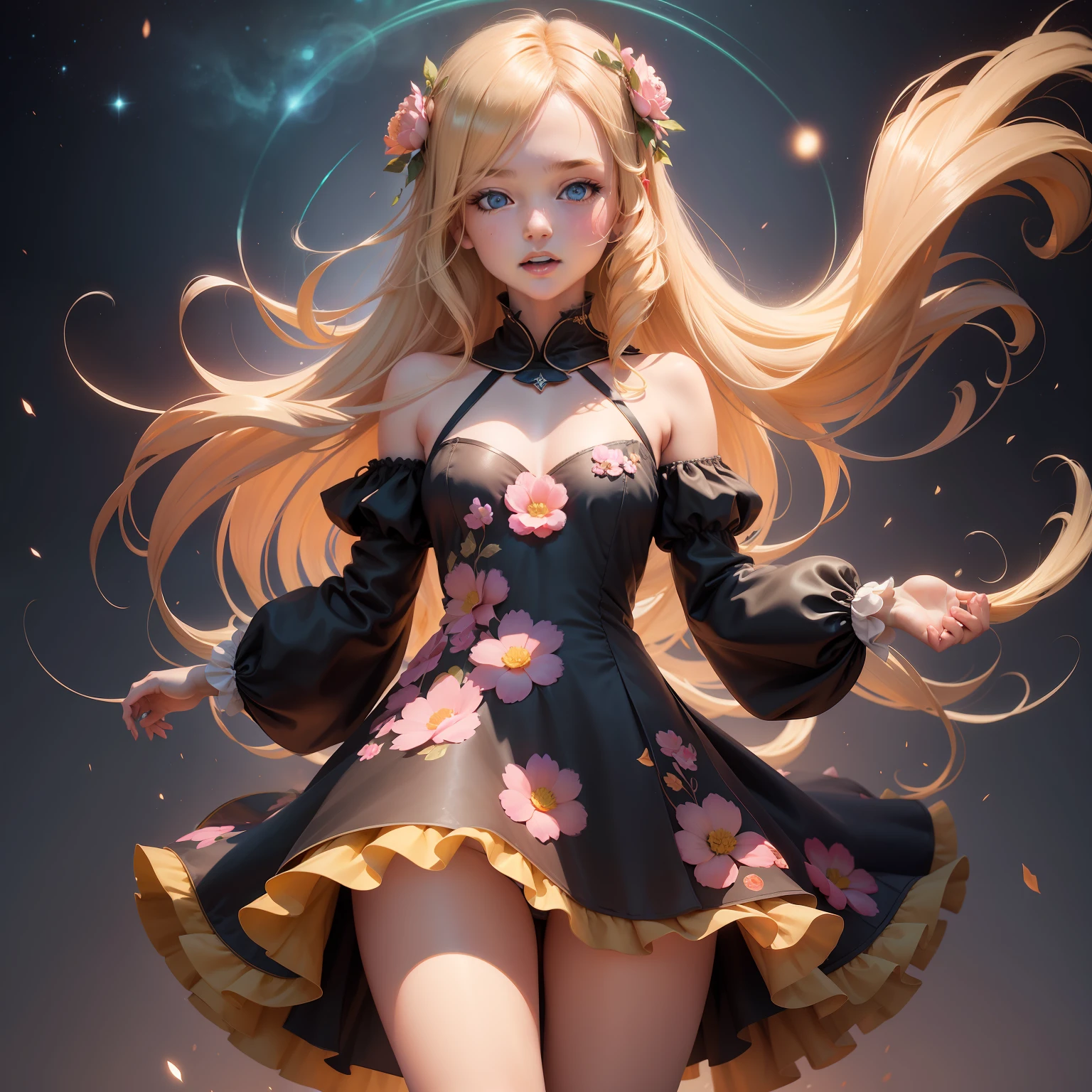 one-girl，lewd poses，Particle，ventania，florals，The upper part of the body，simplebackground，looking at viewert，s the perfect face，blond girl，milky ways，Long hair，Tall，having fun，Flat wind