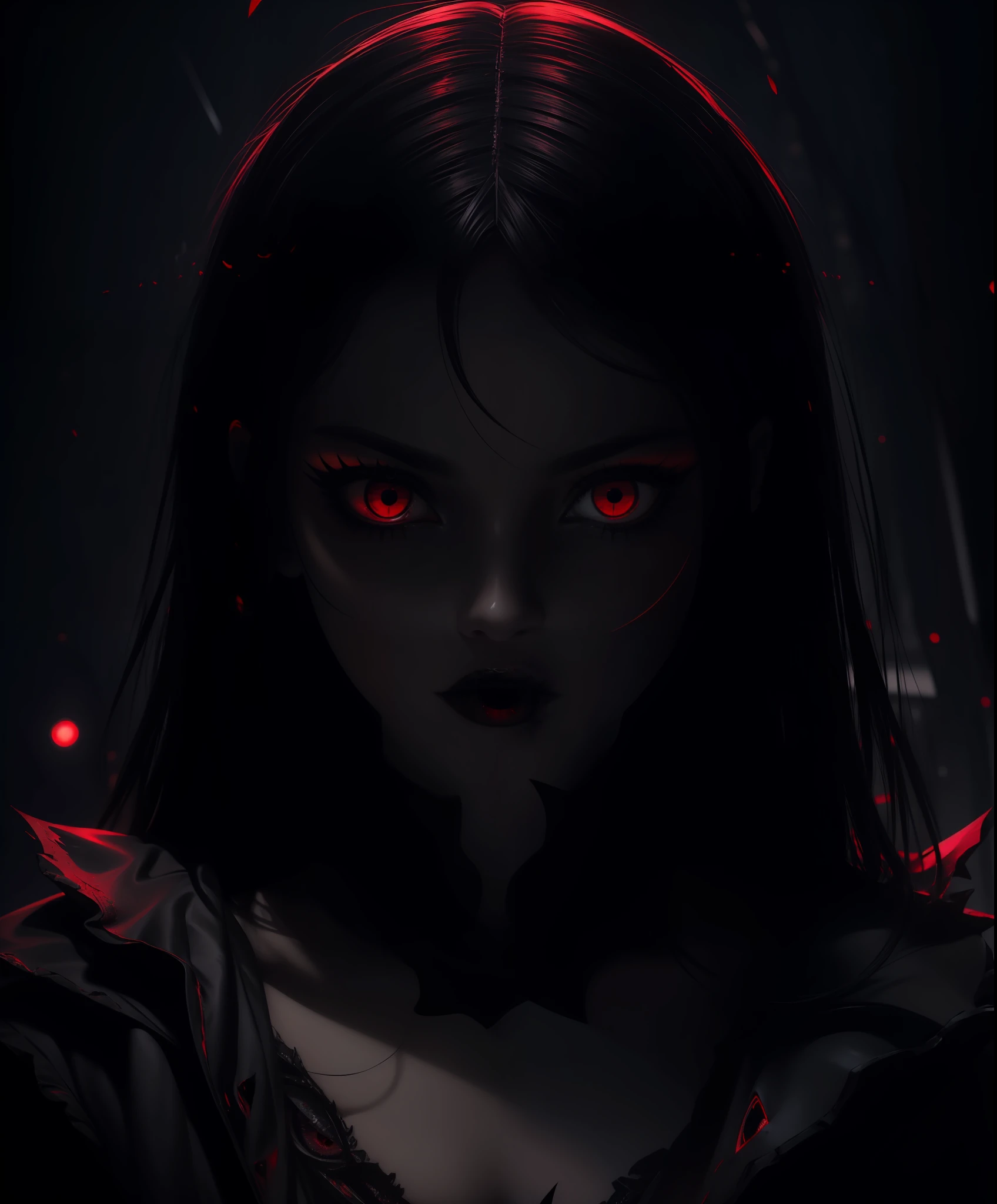 (masterpiece), (highest quality), ultra high res, (dark art:1.3), deep shadow, dark theme, red eyes, glowing eyes, dark lips, slit pupils, aura eyes, cinematic, light red eyes
