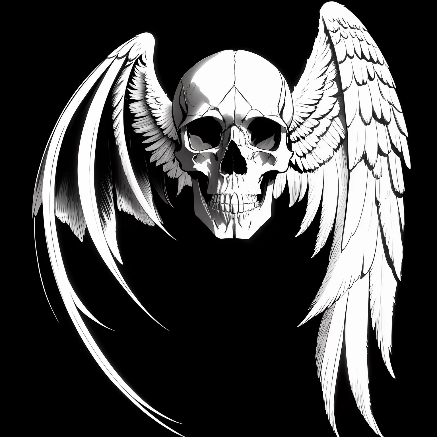 a skull with wings on a black background, anjo da morte, O Anjo da Morte, the angel of death with a halo, Retrato do Anjo da Morte, satanic wings, anjo escuro, com asas infernais do diabo, Retrato do Anjo da Morte, Demon's Wing and Angel's Wing, thanatos