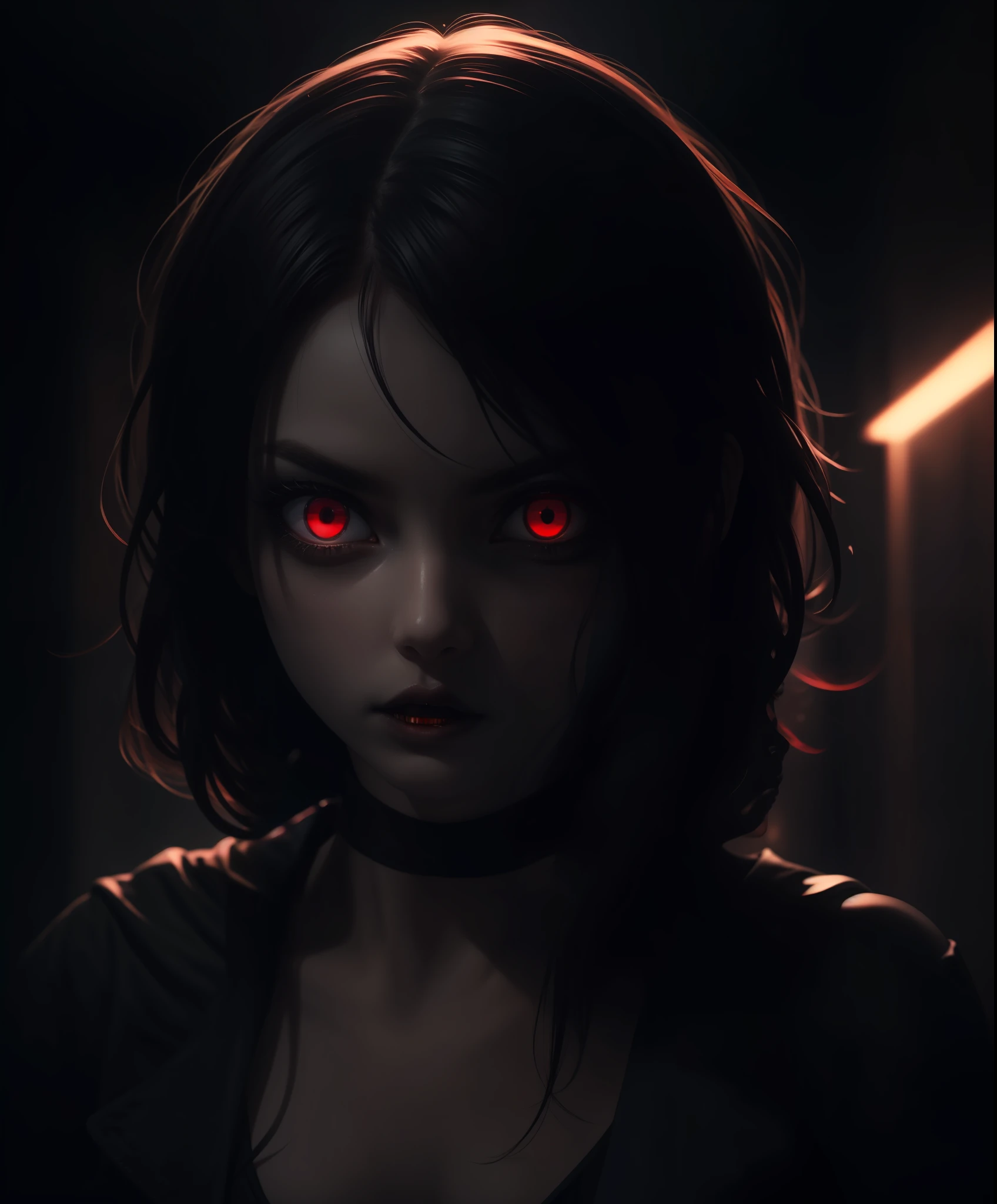 (masterpiece), (highest quality), ultra high res, (dark art:1.3), deep shadow, dark theme, red eyes, glowing eyes, dark lips, slit pupils, aura eyes, cinematic, light red eyes