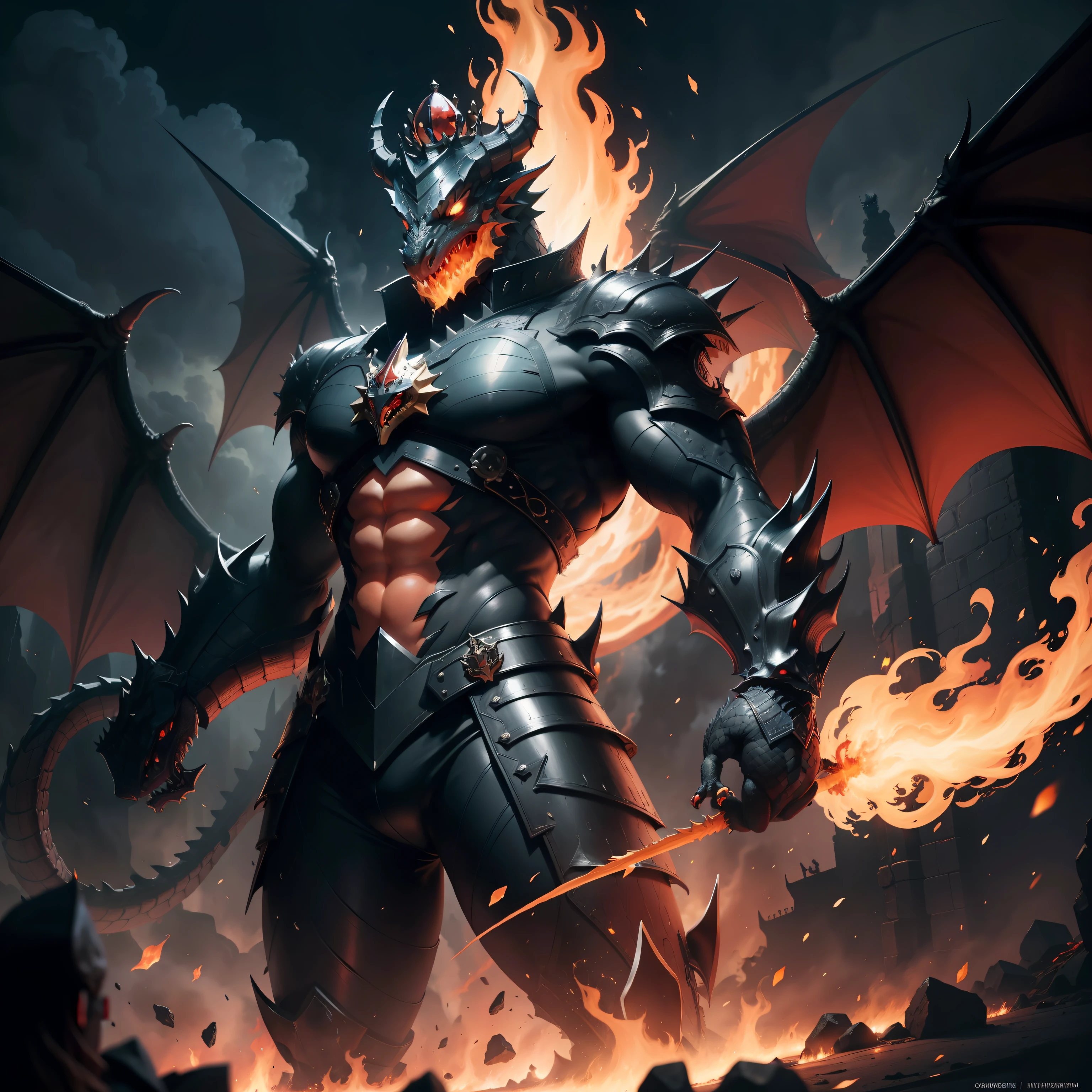 Dragon monster with crown and on fire fighting in the underworld against man in black uniform of the universe