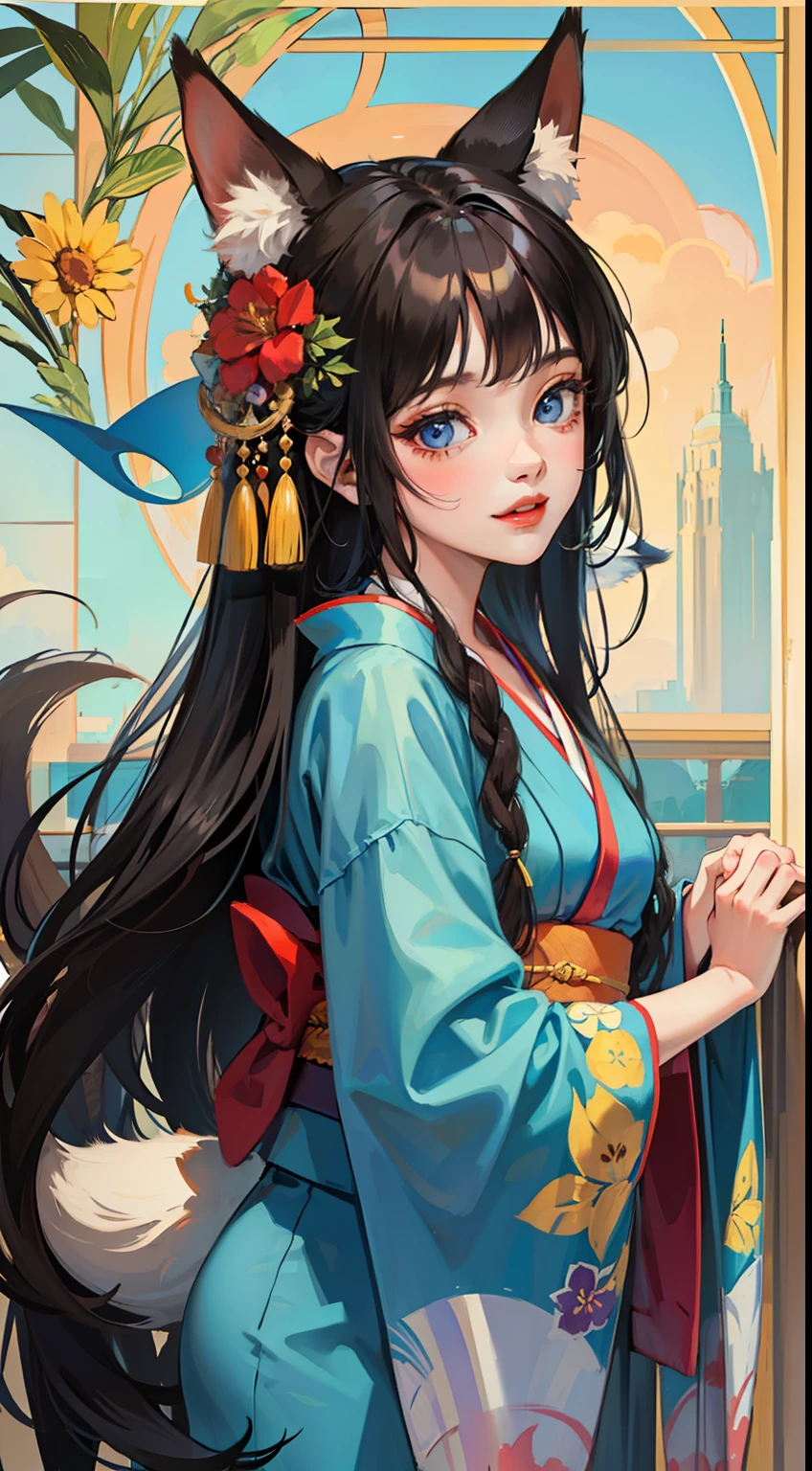 young girl, long curly black hair, Fox ears, Foxtail, blue eyes, open kimono, ssmile, Masterpiece, hiquality