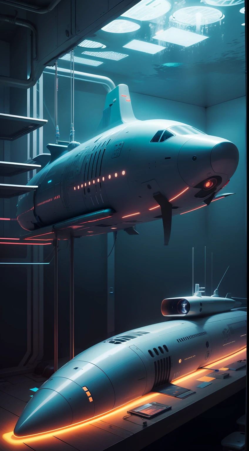 A futuristic submarine, in a lab.