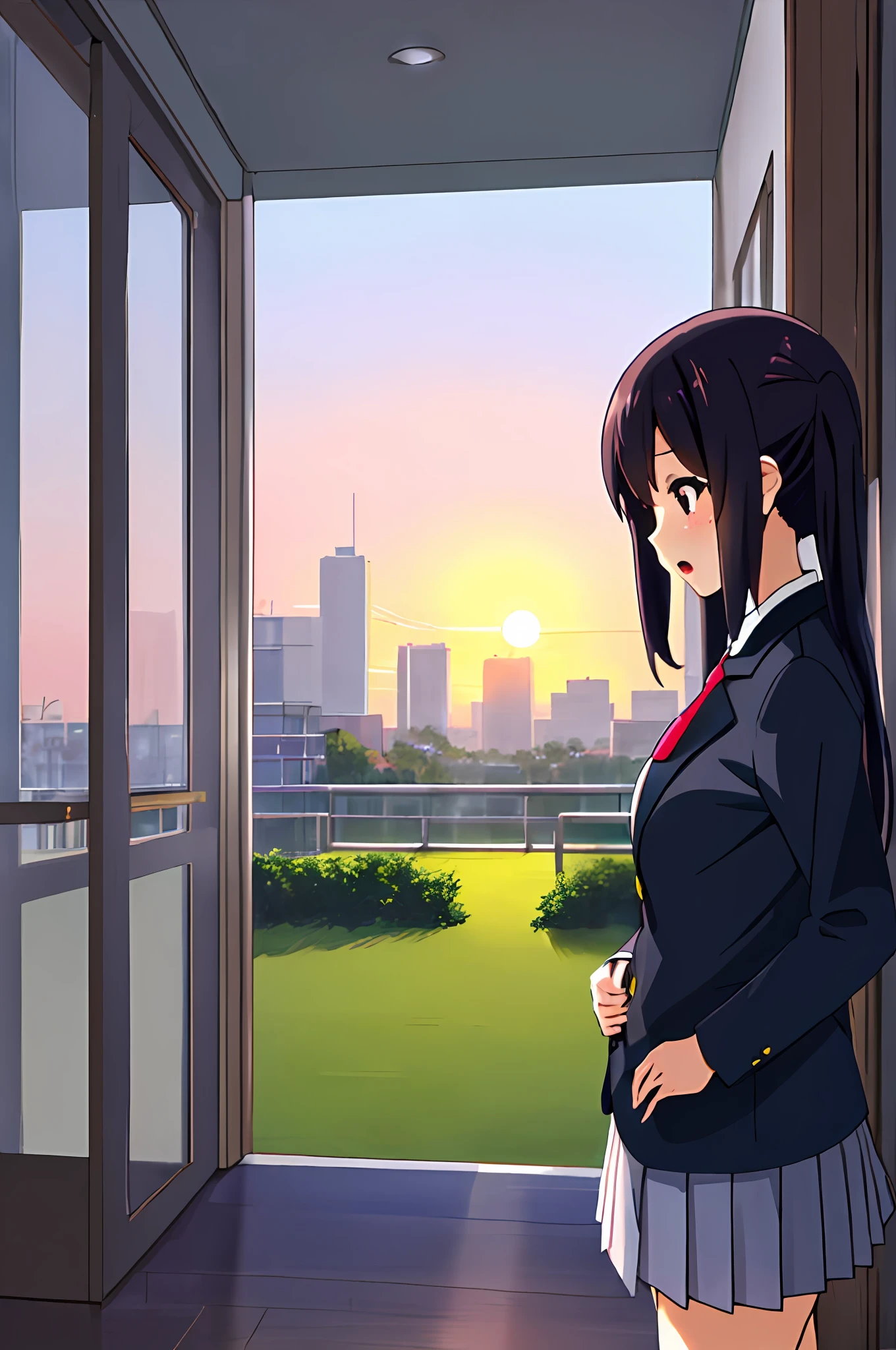 1girl in, (((masterpiece))), top-quality, top-quality, high details, nakano azusa, 1girl in, Sakuragaoka High School Uniform, student clothes, Twin-tailed, length hair, A dark-haired, Brown-eyed, 独奏, reddish, Dark blue blazer with thin red ribbon, Solid white buttoned shirt under blazer, illustratio, comic strip, Soothing tones, Subdued Color, Soft cinematic light, adobe lightroom, Photolab, nffsw, intricately and hyper-detailed、(((depth of fields))))。(((masterpiece)))。(((top-quality))).)((ultra-detailliert)))。(((illustratio)))。(((takeout))).Dynamic Focus.big breasts.(((highrise buildings))).(((A city scape))).(((Face of sadness))). Open mouth.(((put hands on the hip))).(((up chest))).((evening glow)).((the setting sun)).