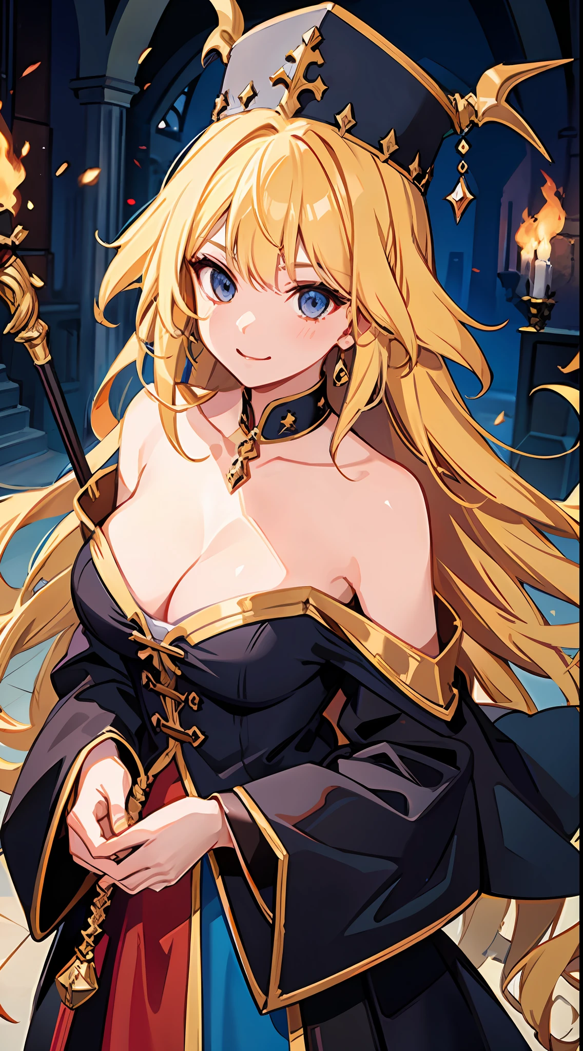 one-girl,Wizard costume,Off-the-shoulder clothing,wands,A yellow-haired,long whitr hair,European people,Wizard's Hat,ssmile,Be red in the face,Close-up,Medieval church,Portrait close-up,cleavage,Fire magic