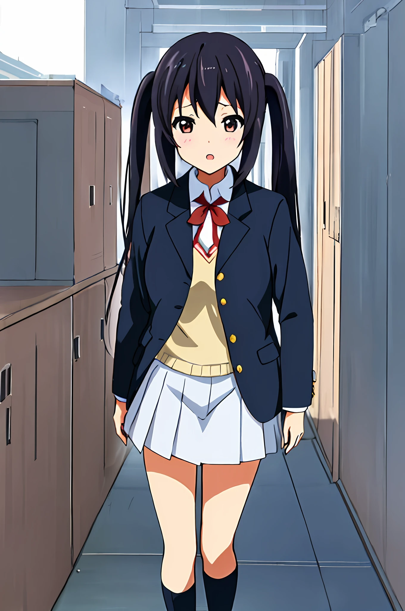 1girl in, (((masterpiece))), top-quality, top-quality, high details, nakano azusa, 1girl in, Sakuragaoka High School Uniform, student clothes, Twin-tailed, length hair, A dark-haired, Brown-eyed, 独奏, reddish, Dark blue blazer with thin red ribbon, Solid white buttoned shirt under blazer, illustratio, comic strip, Soothing tones, Subdued Color, Soft cinematic light, adobe lightroom, Photolab, nffsw, intricately and hyper-detailed、(((depth of fields))))。(((masterpiece)))。(((top-quality))).)((ultra-detailliert)))。(((illustratio)))。(((takeout))).Dynamic Focus.big breasts.(((highrise buildings))).(((A city scape))).(((Face of sadness))). Open mouth.(((put hands on the hip))).(((up chest))).((evening glow)).((the setting sun)).