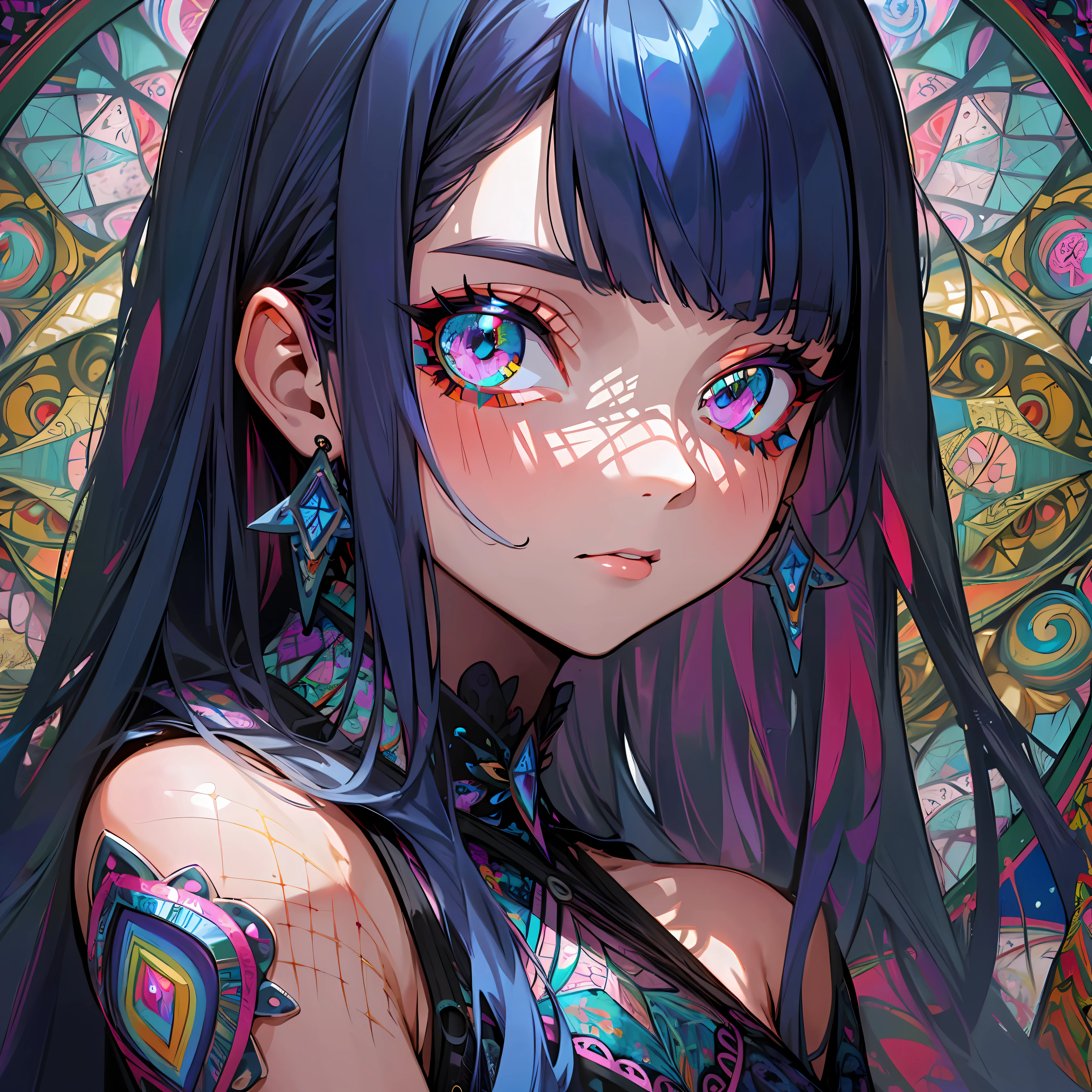 (Maximalism:1.5), (masterpiece), (best quality:1.1), (ultra-detailed:1.1), (an extremely delicate and beautiful), 1 girl, beautiful face, (detailed face), best quality, 、1 little girls、A dark-haired、TATOO all over the body、Longhaire、long bangs、Blue inner hair color、flat breast、Gothic camisole、glitter、(Zentangle:1.5), (kaleidoscope:1.2)