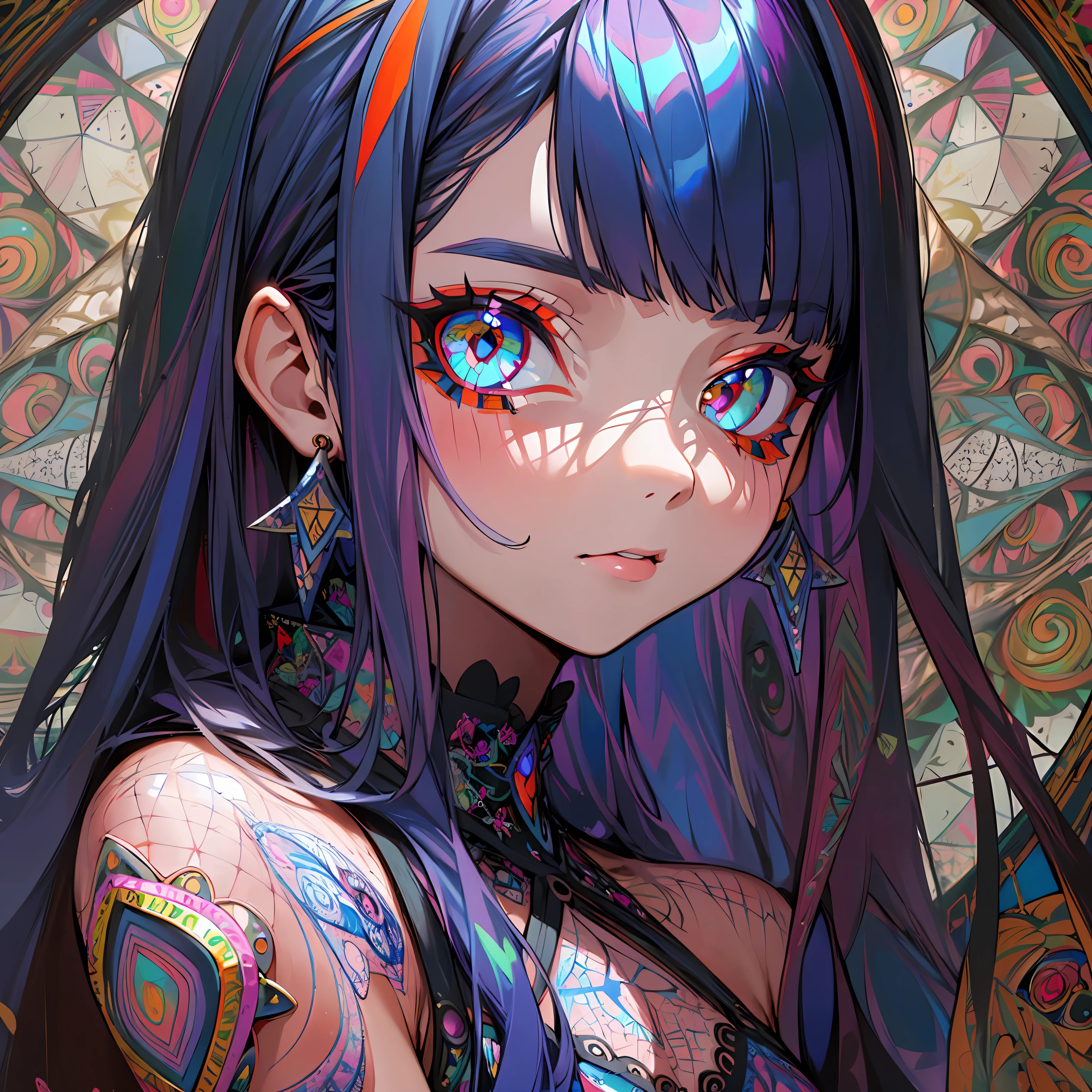(Maximalism:1.5), (masterpiece), (best quality:1.1), (ultra-detailed:1.1), (an extremely delicate and beautiful), 1 girl, beautiful face, (detailed face), best quality, 、1 little girls、A dark-haired、TATOO all over the body、Longhaire、long bangs、Blue inner hair color、flat breast、Gothic camisole、glitter、(Zentangle:1.5), (kaleidoscope:1.2)