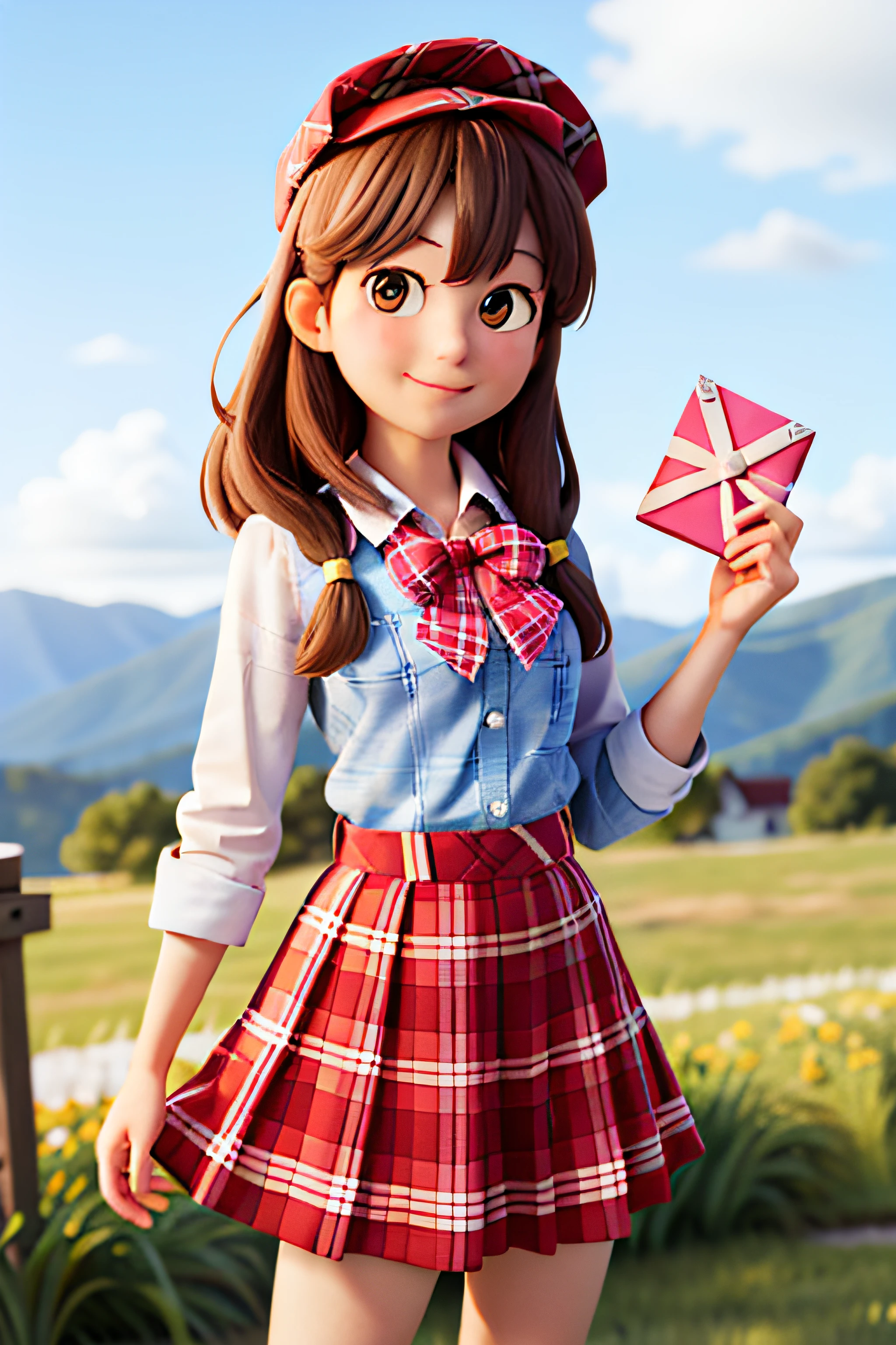 masterpiece, high quality best quality,1girl, bangs, beach, blue_sky, blush, bow, breasts, checkered, checkered_shirt, checkered_skirt, cloud, cloudy_sky, collarbone, day, envelope, giving, grass, hair_bow, heart, holding, holding_letter, horizon, incoming_gift, kazami_yuuka, leaning_forward, lens_flare, letter, light_rays, long_hair, looking_at_viewer, love_letter, mountain, mountainous_horizon, ocean, outdoors, plaid, plaid_background, plaid_bikini, plaid_bow, plaid_bowtie, plaid_bra, plaid_dress, plaid_headwear, plaid_jacket, plaid_legwear, plaid_necktie, plaid_neckwear, plaid_panties, plaid_pants, plaid_ribbon, plaid_scarf, plaid_shirt, plaid_skirt, plaid_vest, pov, shirt, skirt, sky, smile, solo, sun, sunbeam, sunlight, tree, unmoving_pattern