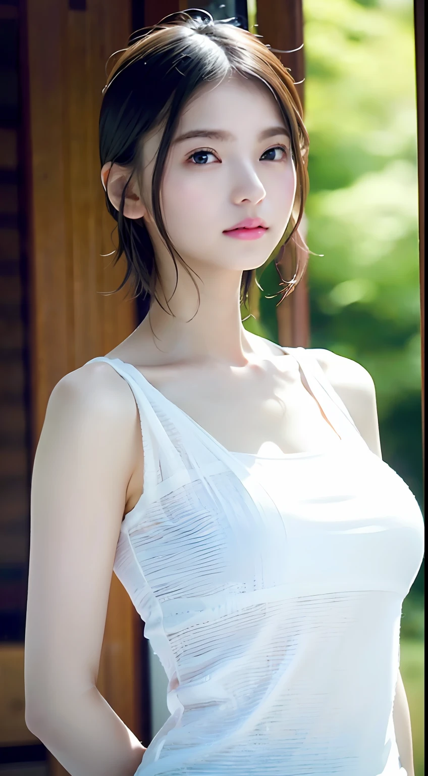 Top quality, white skin, real human skin, (detailed), oval face, pores, ultra high resolution, (8k, RAW photo, photorealistic: 1.4), 1 girl, slim, (who looks with calm and goddess-like eyes) happiness: 1.2), (lip gloss, eyelashes, gloss face, highest quality, ultra high resolution, wide lighting, natural shading), taken from the side, huge breasts, White shirt, full body, standing, body turned sideways and face facing forward, hands behind back, beautiful constriction, slender, short hair, smile, sagging eyes, double eyelids, Japan person, library